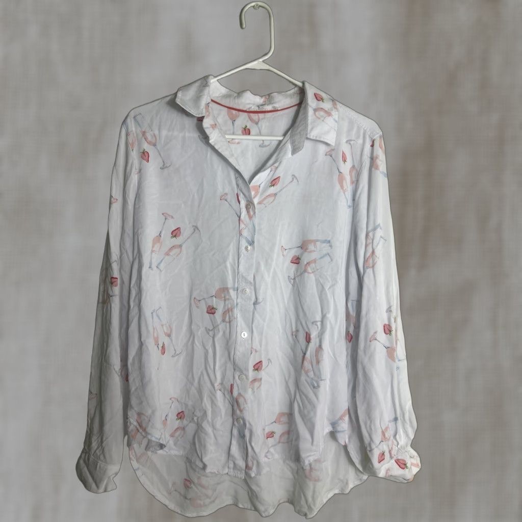 Vintage Jane And Delancey Womens Large Button-Up Shirt White Red Champagne Strawberries Size L / US 10 / IT 46 - 1 Thumbnail