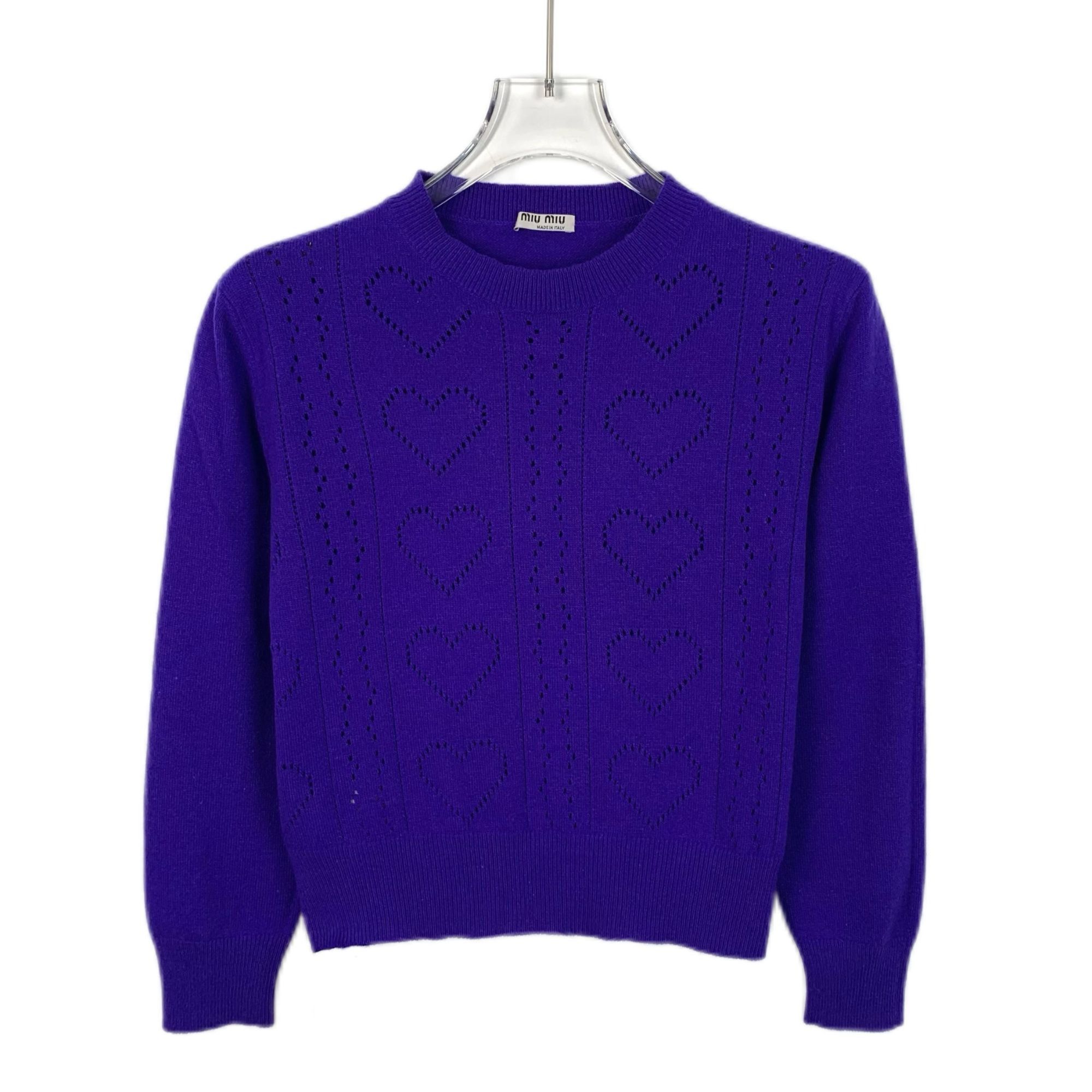 Miu Miu Purple Wool Heart Knit Crewneck Sweater Womens Size