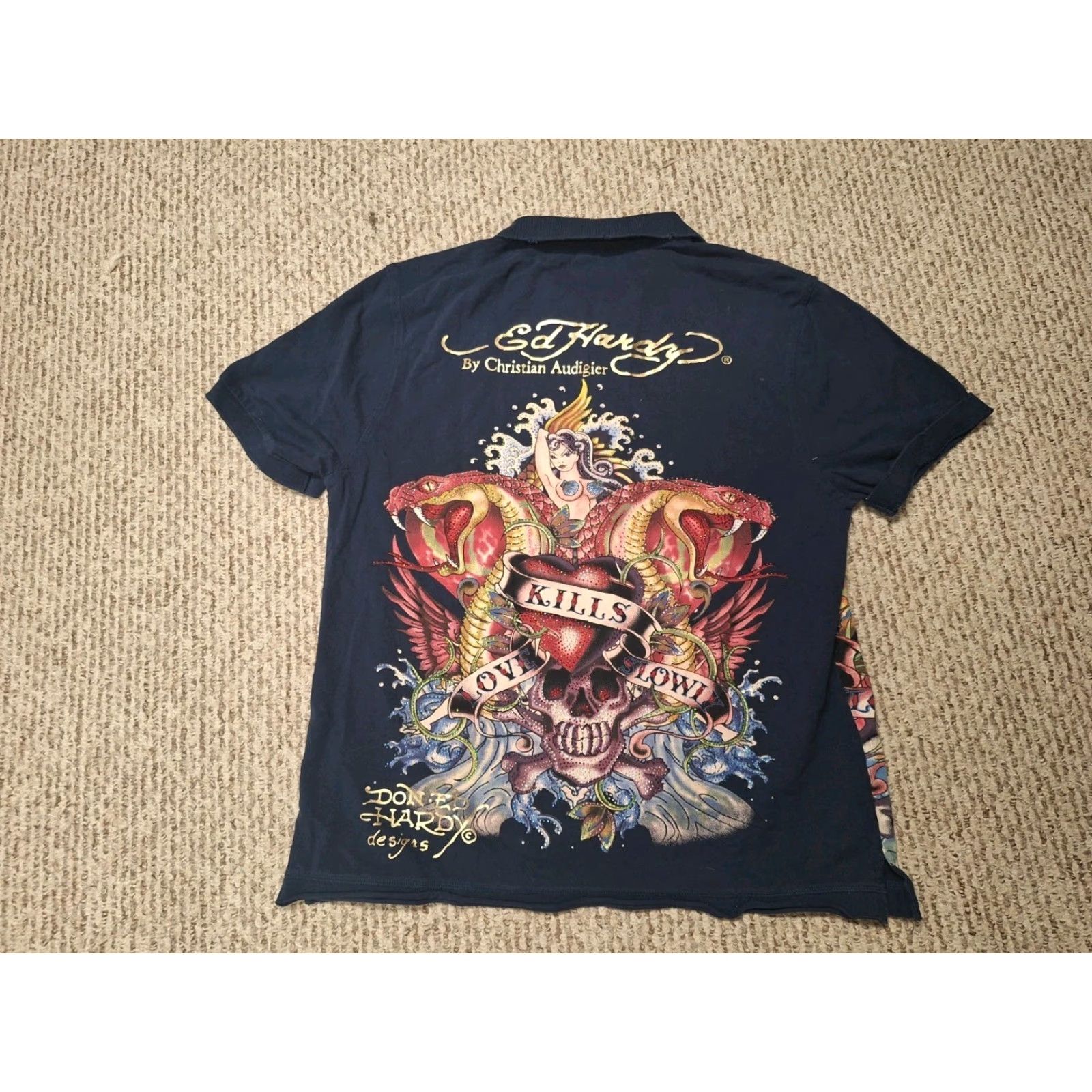 Ed Hardy VINTAGE Ed Hardy Polo Shirt 2XL Black Cotton Mens Short Sleeve Y2K 2000’s Festival Art Love Kills Slowly Size US XXL / EU 58 / 5 - 2 Thumbnail