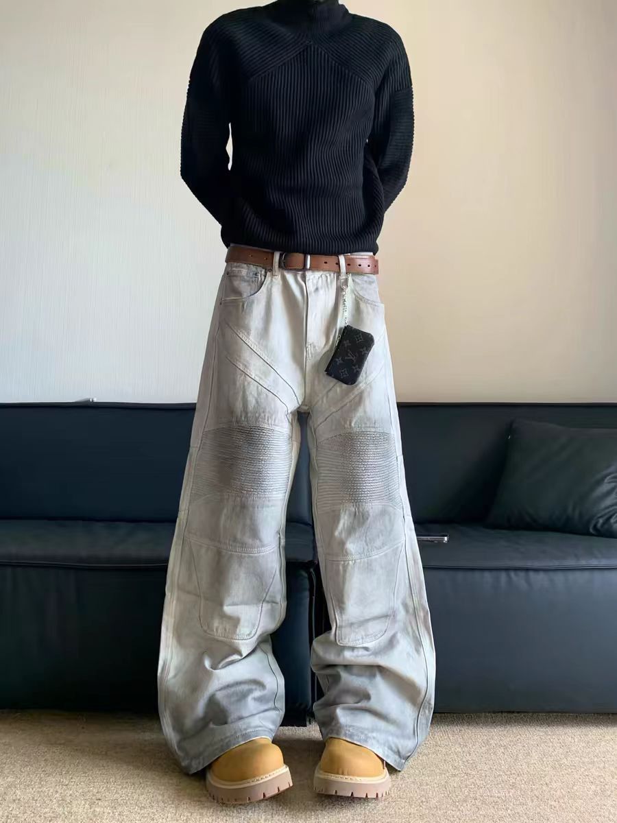 Heavyweight carbon dyed washed vintage biker jeans