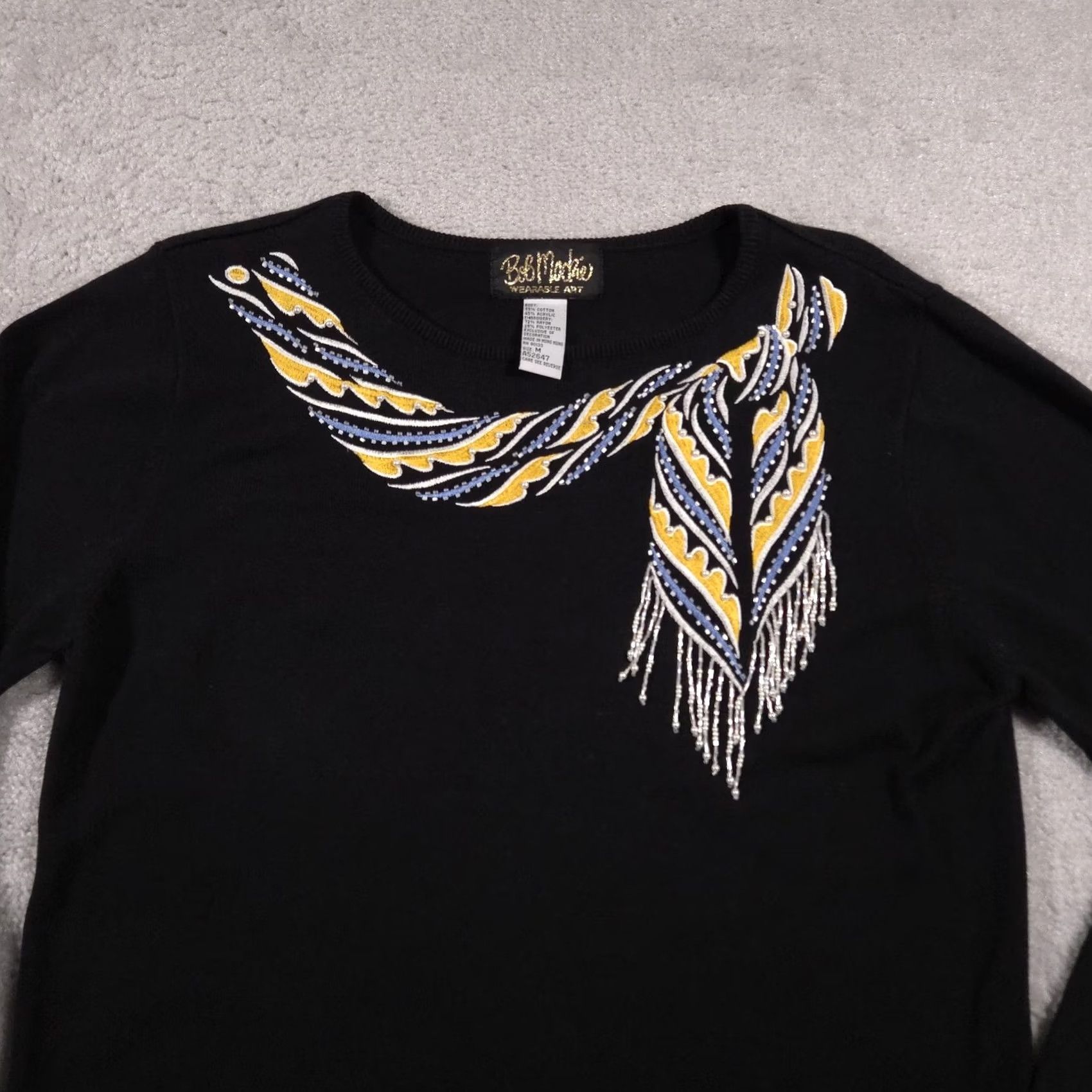 Bob Mackie VINTAGE Bob Mackie Wearable Art Sweater Womens M Black Beaded Fringe 90s Size M / US 6-8 / IT 42-44 - 3 Thumbnail