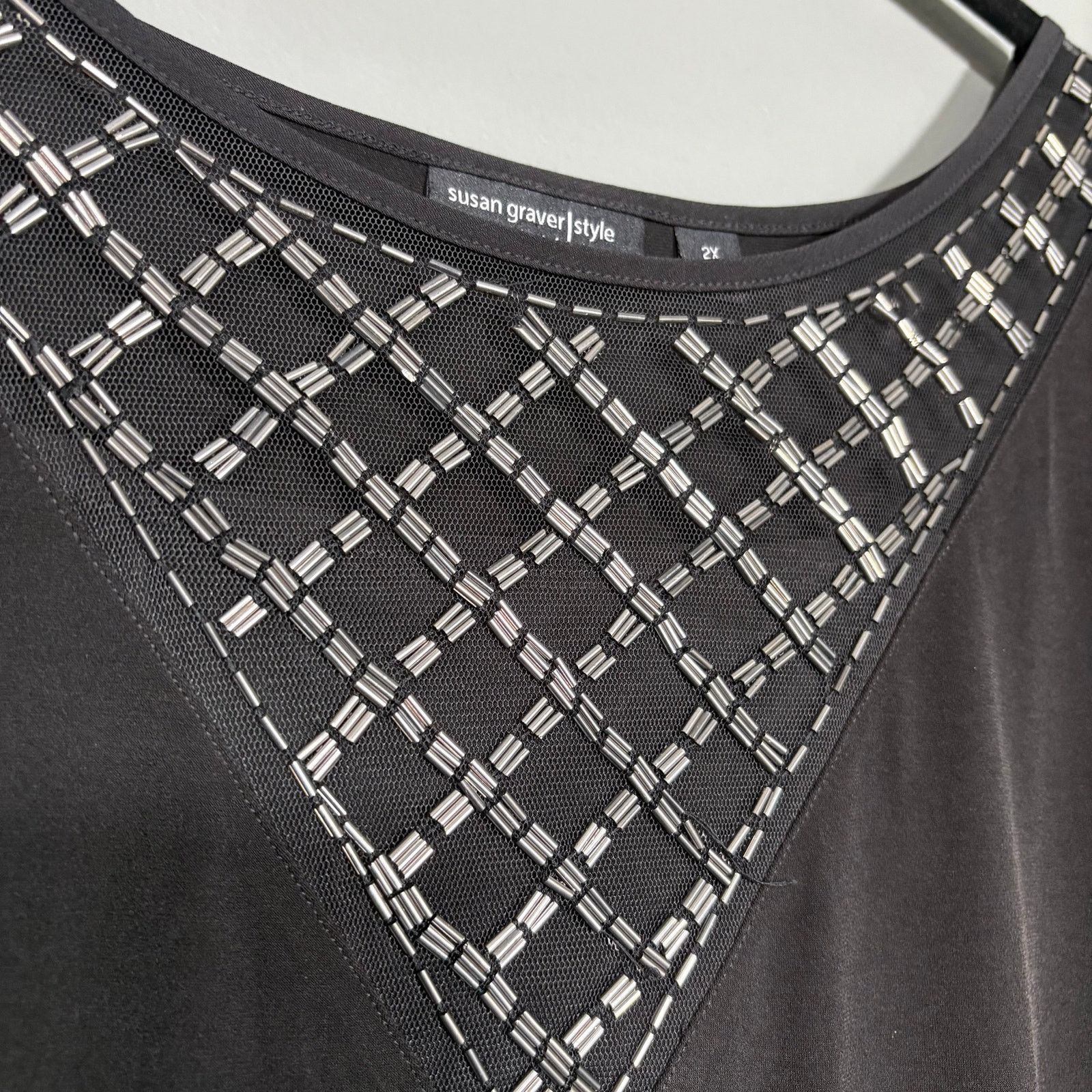 Other Susan Graver Artisan Black Boho Beaded Mesh Panel Top - 2X Size XXL / US 16-18 / IT 52-54 - 3 Thumbnail