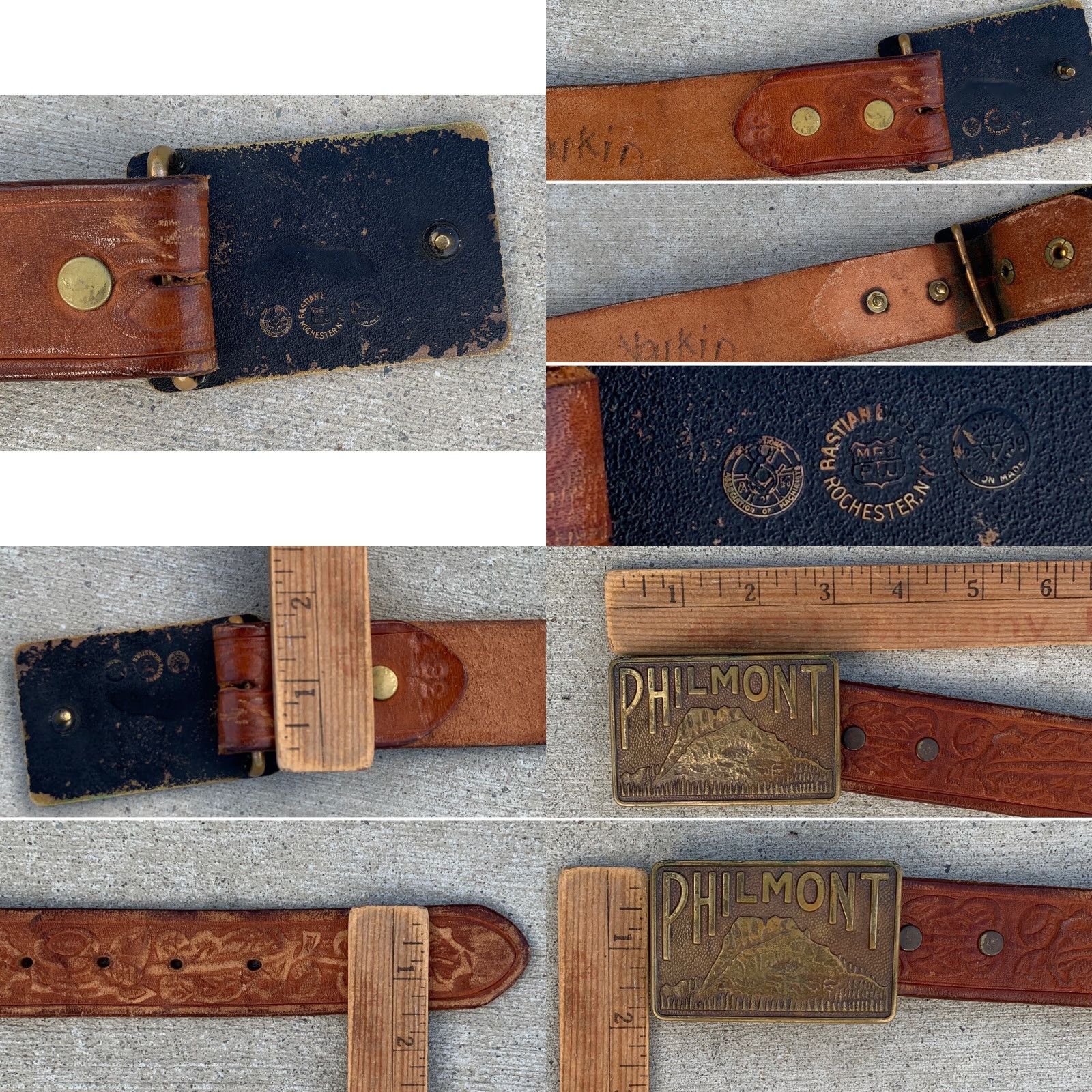 Vintage Philmont Belt Buckle Bastian Bros Co Rochester NY 1939 Union Made Tooled Leather Belt Brown Men Vintage Cowboy Western Size ONE SIZE - 10 Thumbnail