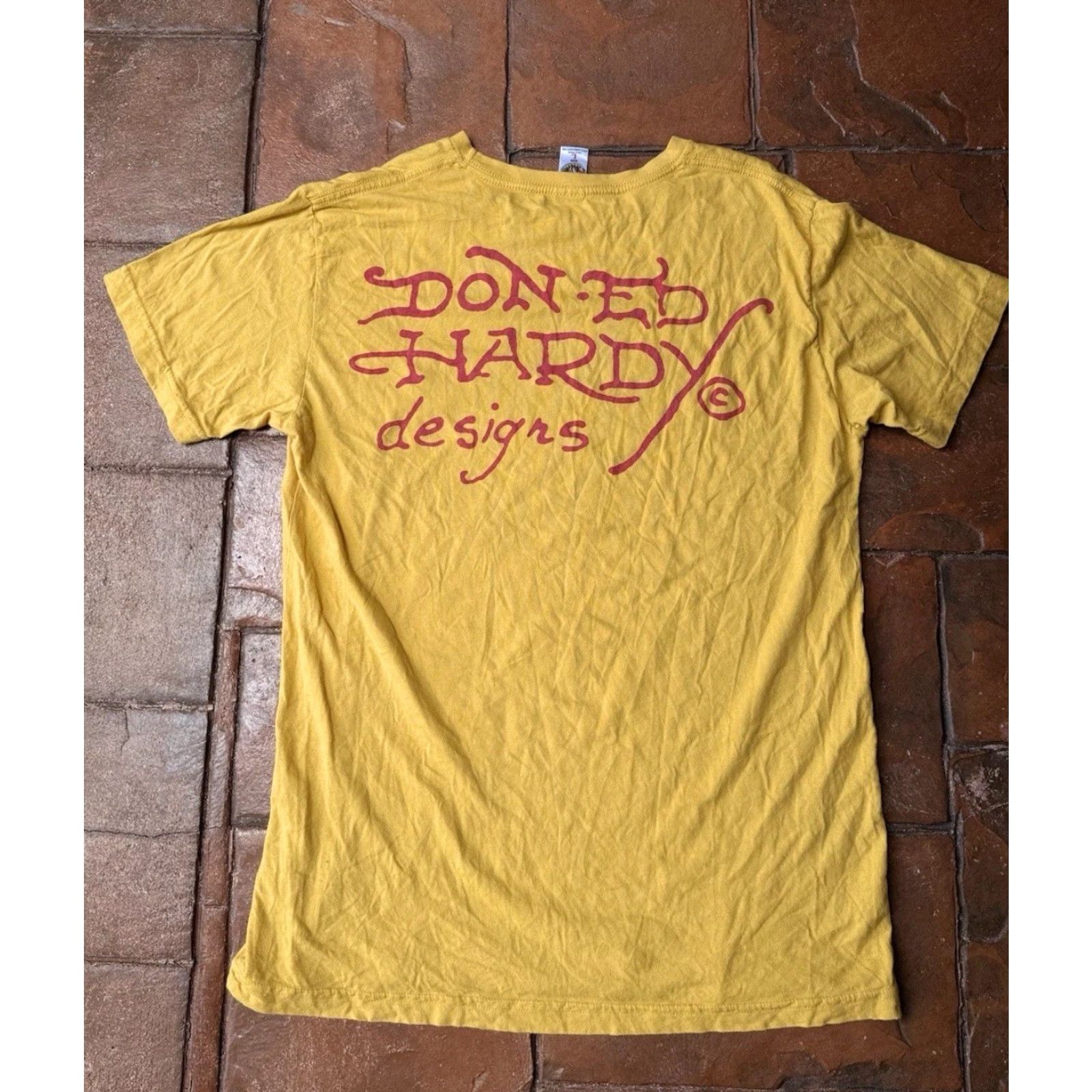 Ed Hardy VINTAGE Ed Hardy T-Shirt NYC Skull Tattoo 1990s Grunge Yellow Large Mens L Short Sleeve Crew Neck Graphic Print Made In USA Size US L / EU 52-54 / 3 - 3 Thumbnail