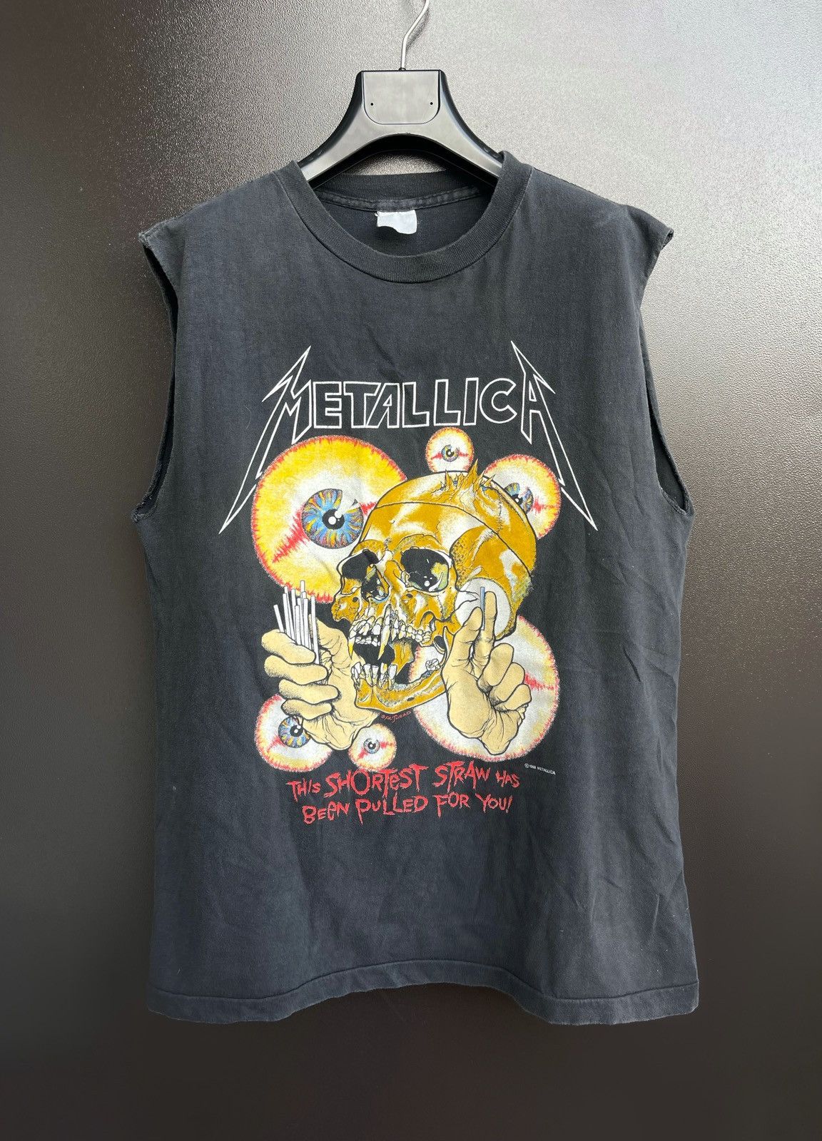 Vintage 1988 METALLICA PUSHEAD STRAW SKULL EYE ROCK CUT-OFF T