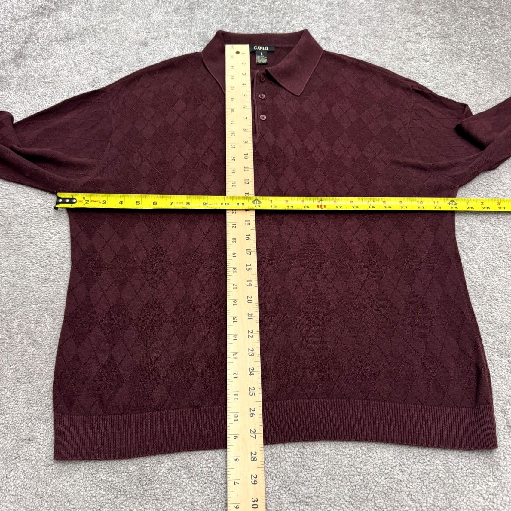 Vintage Carlo Argyle Polo Sweater Mens Large Burgundy Cotton Silk Knit Long Sleeve Buttoned Pullover Shirt Size US L / EU 52-54 / 3 - 7 Thumbnail
