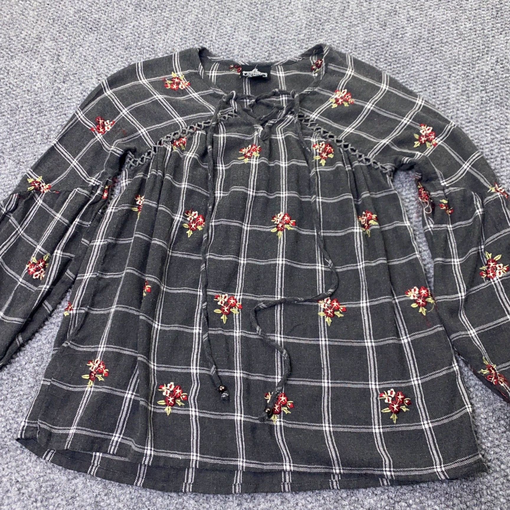Vintage Angie Womens Shirt Small Black Plaid Flowers Hippie Boho Peasant Tunic Size S / US 4 / IT 40 - 2 Thumbnail