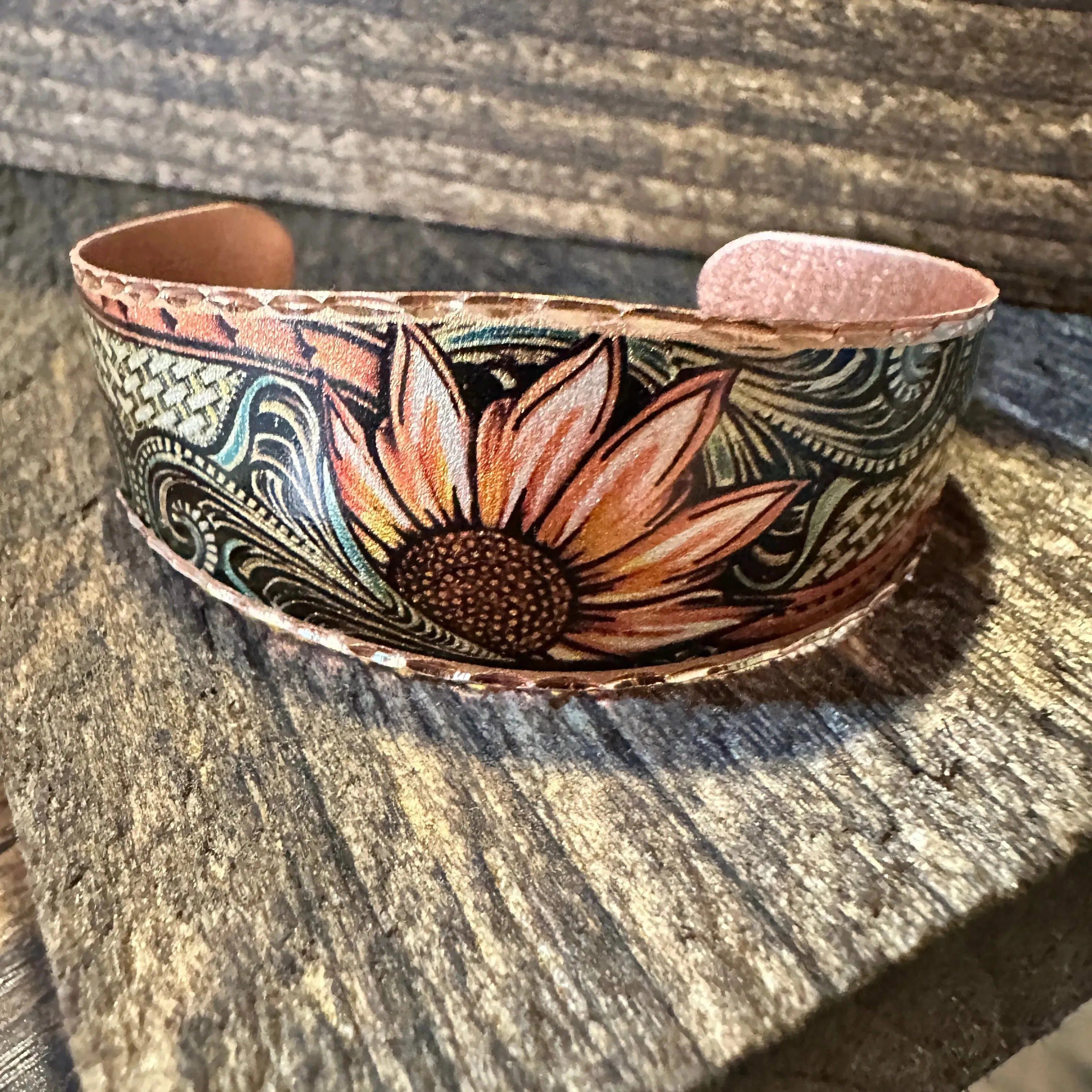 Other Handmade Boho Sunflower Cuff Bracelet, Copper Western Sunflo Size ONE SIZE - 1 Thumbnail