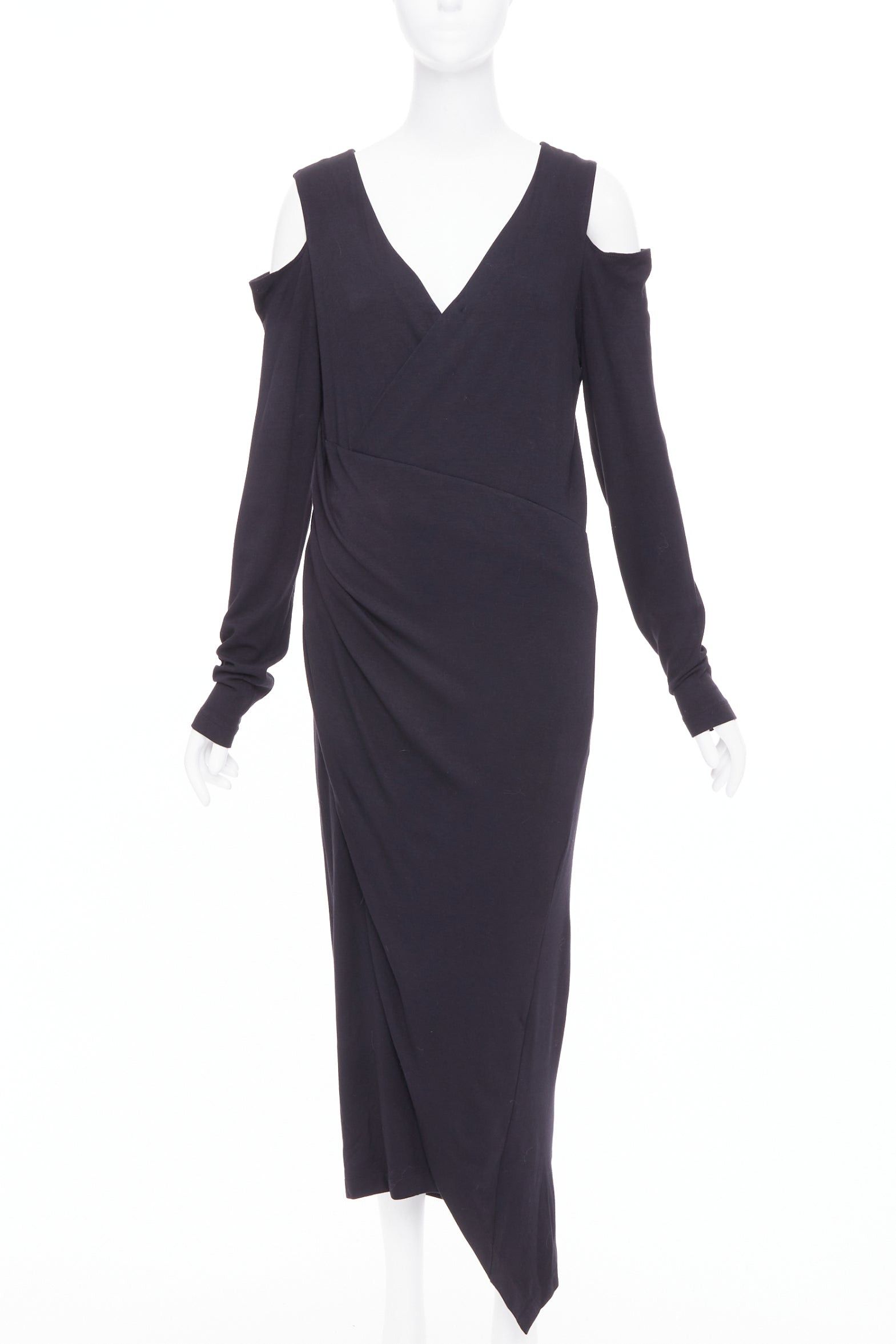 DONNA KARAN black jersey cold shoulder long sleeve side drape dress L