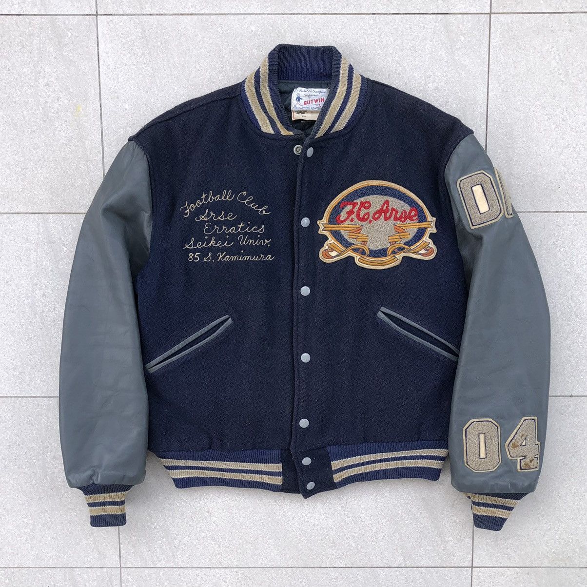 Vintage Vintage 80s Erratics Arse Embroidered Varsity Jacket Size US L / EU 52-54 / 3 - 1 Thumbnail