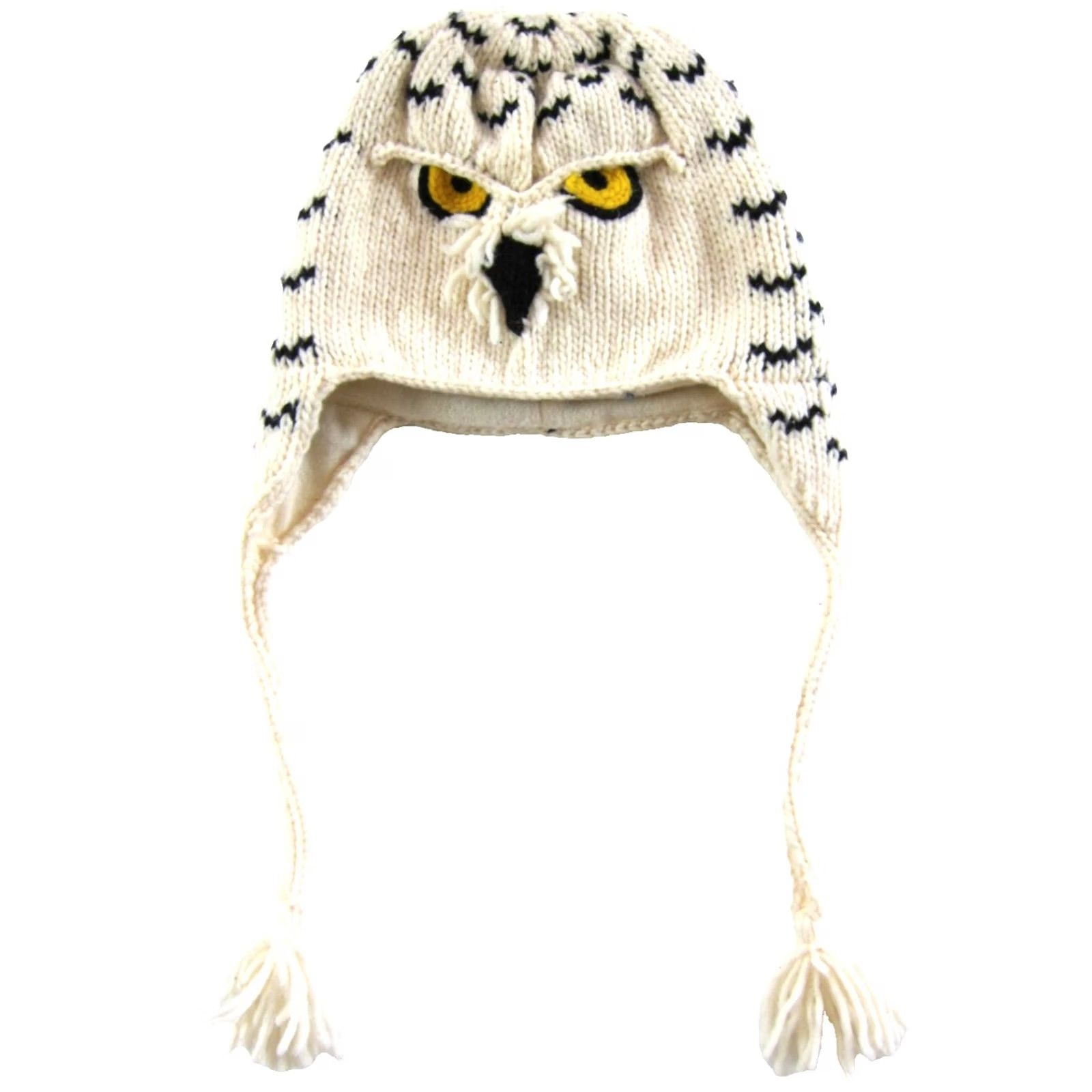 Vintage Vive Bien Ecuador 100% Wool Ivory Owl Beanie Hat Adult OS Earflap Lined Fleece Wool Owl Trapper Style Hat Womens Size ONE SIZE - 2 Thumbnail