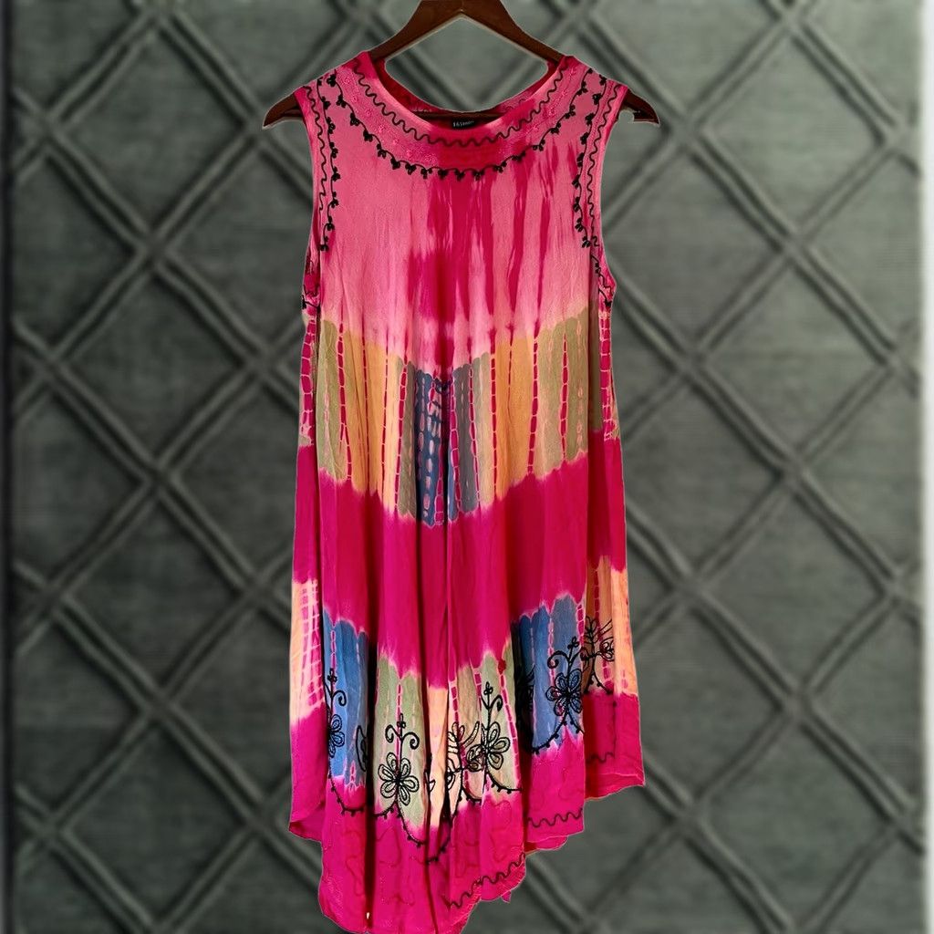 Pinko Ingear Dress One Size Pink Embroidered Tie-Dye Hippie A-Line Umbrella Dress Beach Light & Breezy Rayon Knee Length Women Linen? Size ONE SIZE - 1 Thumbnail