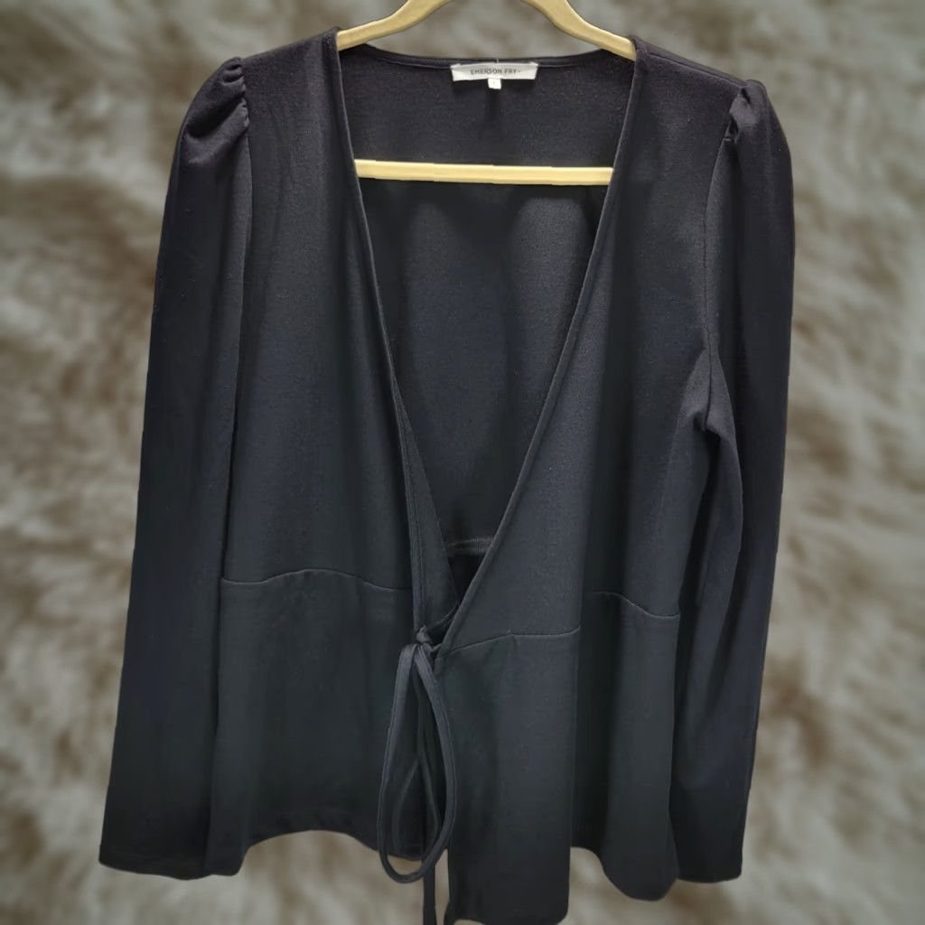 Vintage Emerson Fry Black Cardigan Womens L Puff Sleeve Rayon Polyester Front Tie Front Tie Cardigan Size L / US 10 / IT 46 - 1 Thumbnail