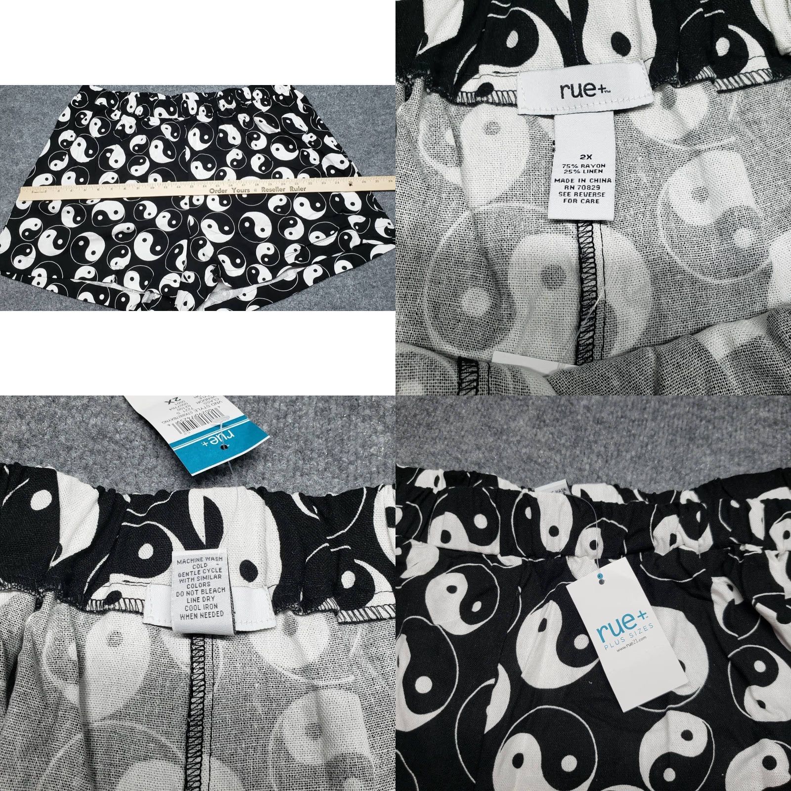 Vintage Rue21 Shorts Womens Plus 2X Black Yin Yang High Rise Linen Rayon Comfort Elastic Waist New Size 40" / US 18 - 8 Thumbnail