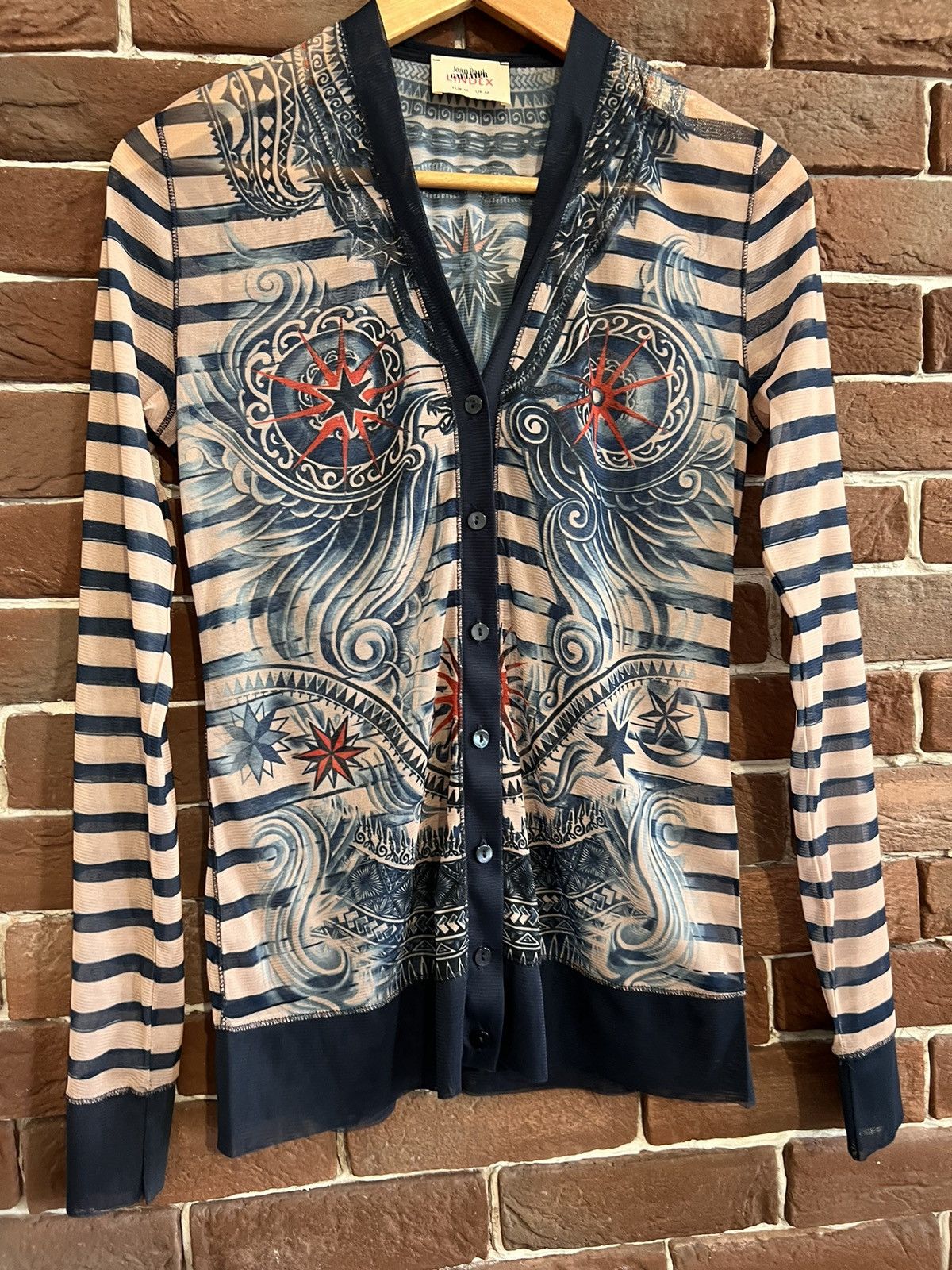 トップス Jean paul gaultier archive cardigan Jean Paul Gaultier Roses Printed Tulle and Knitted Cardigan Brown