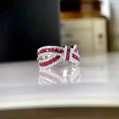Jewelry x Ring Gold Plated Bowknot Zircon Shiny Ring in Red Pink, Men's