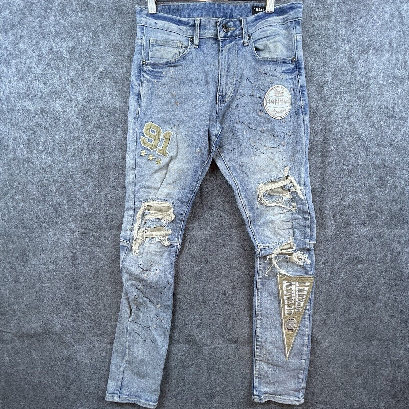 Smoke Rise Smoke Rise Jeans Mens 30 Skinny Paint Ripped Patches Varsity Size US 30 / EU 46 - 1 Thumbnail