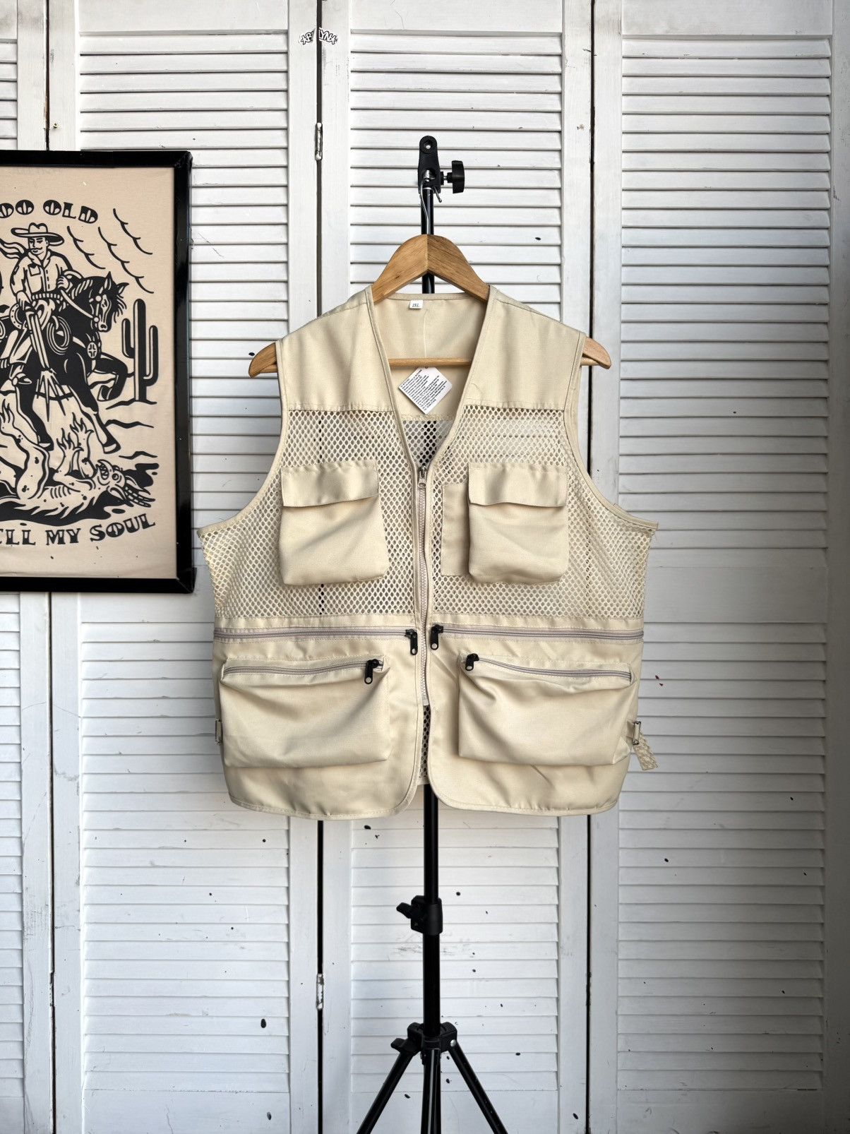 Vintage Utility Fishing Vest Mesh Multi Pocket Beige Tactical Size US XL / EU 56 / 4 - 1 Thumbnail