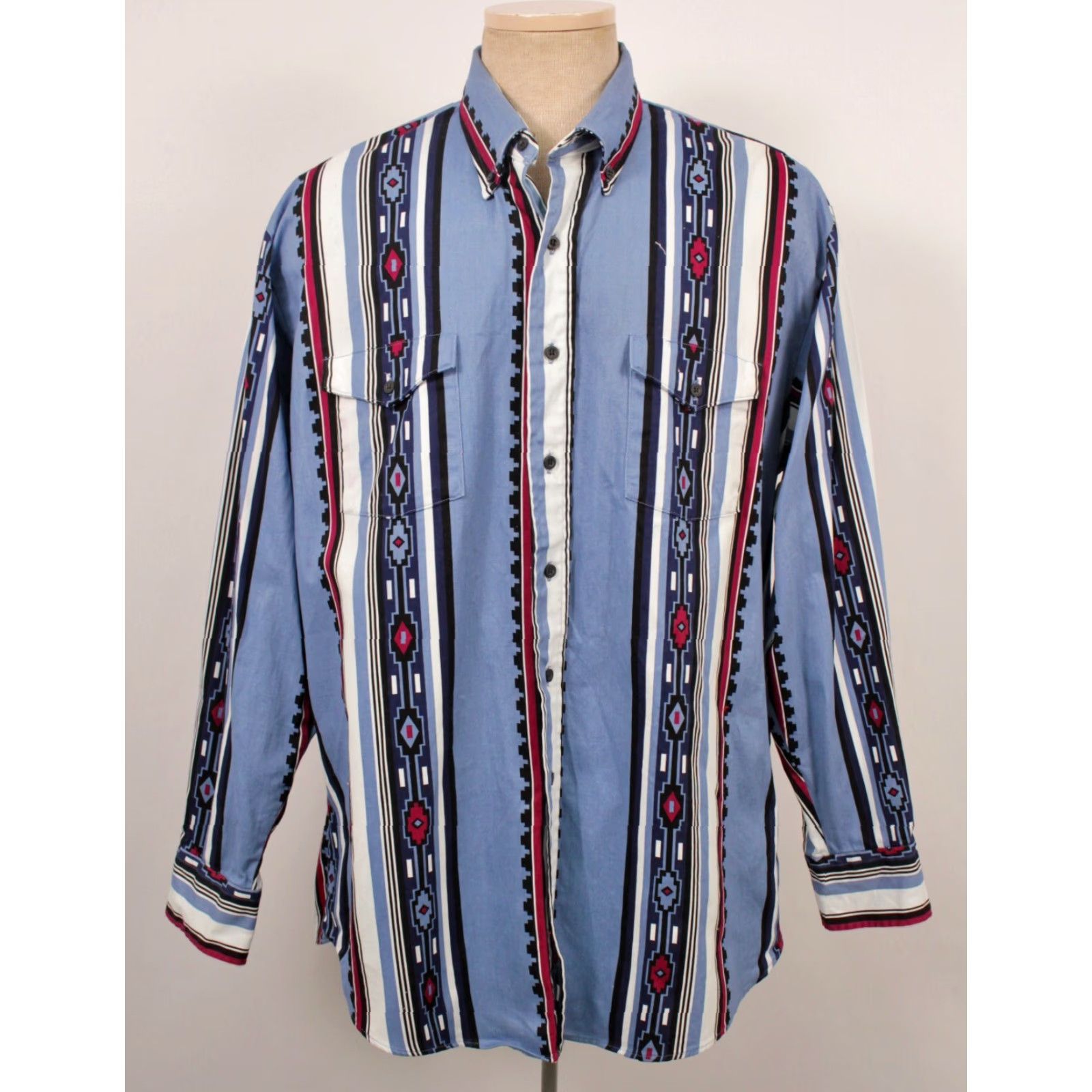 Armani Karman Western Shirt XL 1990s VTG Black Blue Red Aztec Print Mens Shirt Size US XL / EU 56 / 4 - 2 Thumbnail