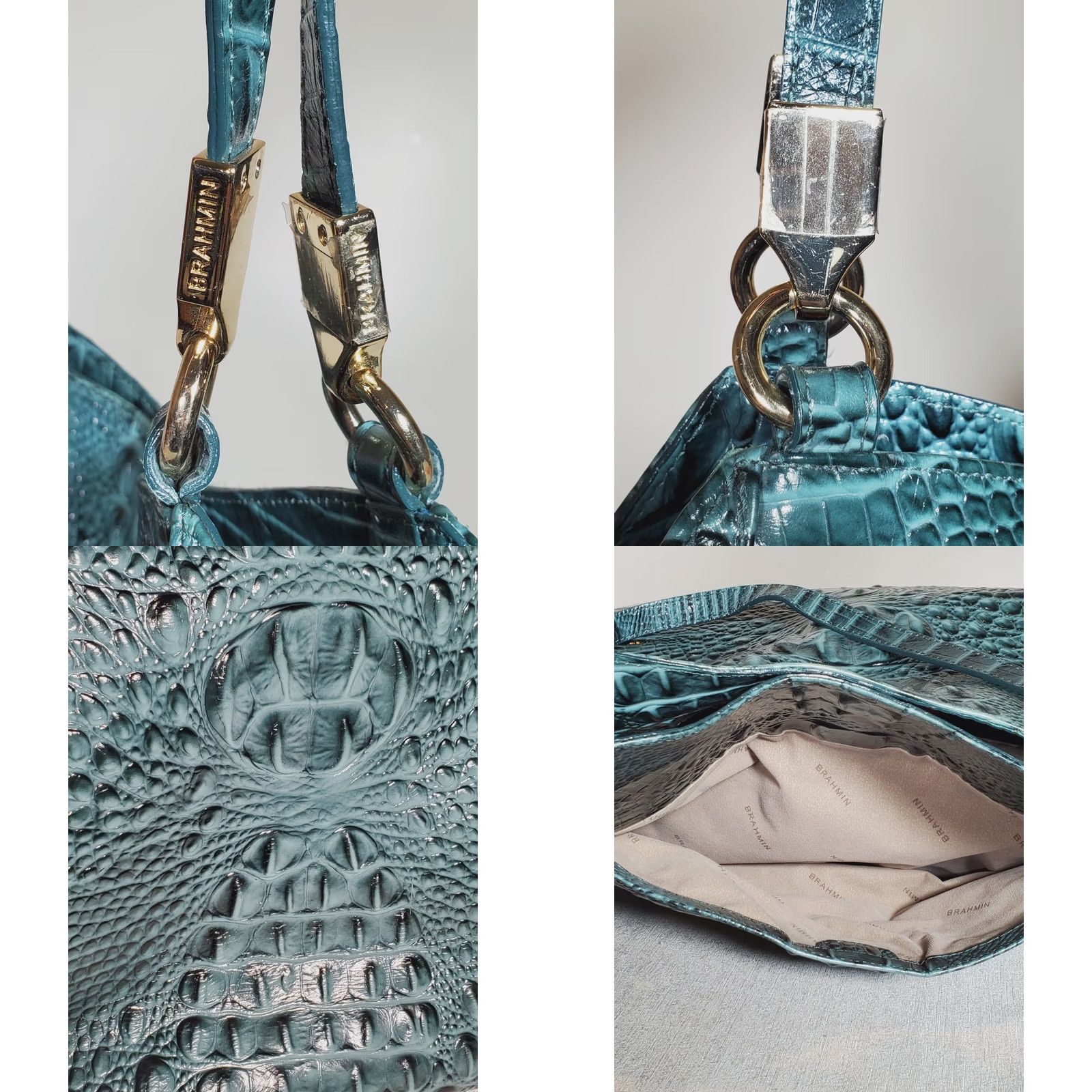 BRAHMIN Brahmin Thelma Melbourne Leather Tote Ivy Crocodile Embossed Shoulder Bag Womens Large 18W 15H 5D Gold Hardware Navy? Size ONE SIZE - 8 Thumbnail