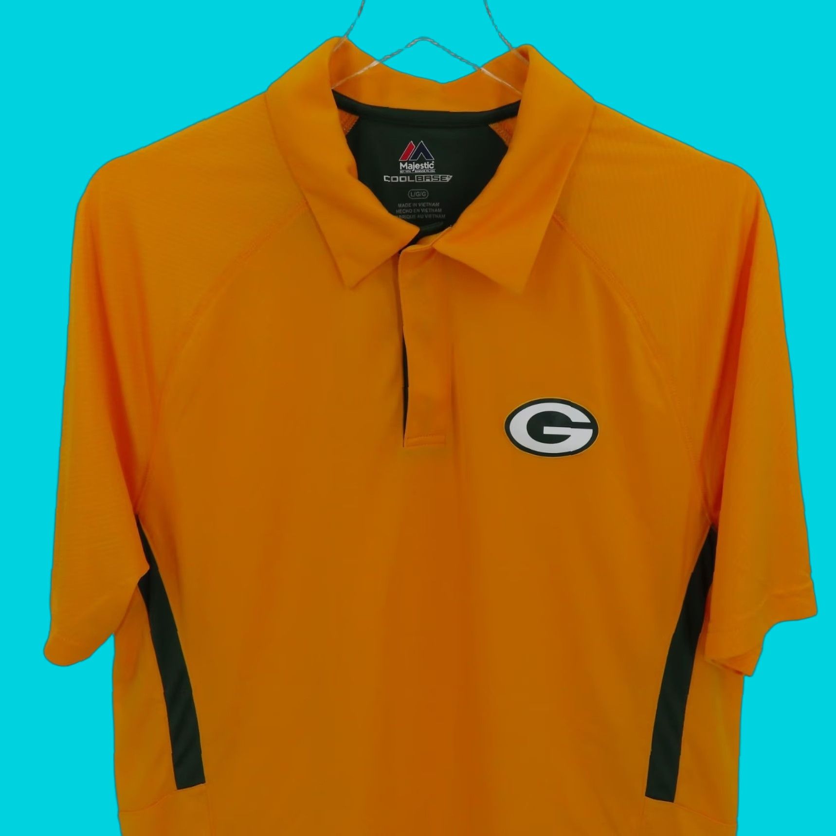 Vintage Majestic Mens Large Green Bay Packers Polo Shirt Short Sleeve Collared Button Regular Fit Yellow Green Cool Base Size US L / EU 52-54 / 3 - 1 Thumbnail