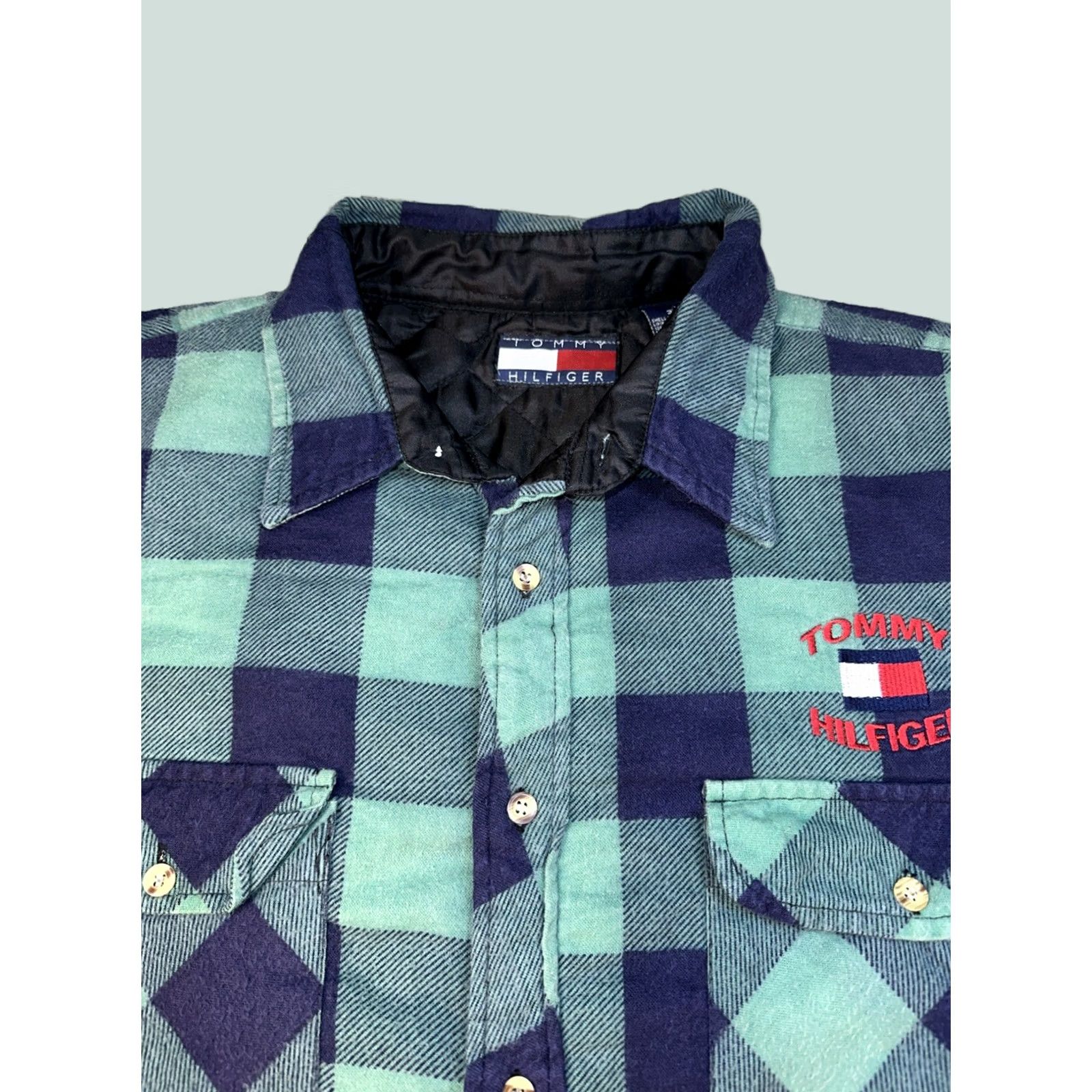 Tommy Hilfiger VINTAGE Tommy Hilfiger Flannel Shirt 3XL Green Long Sleeve Lined Stitch Logo Men 1990s Size US XXL / EU 58 / 5 - 1 Thumbnail