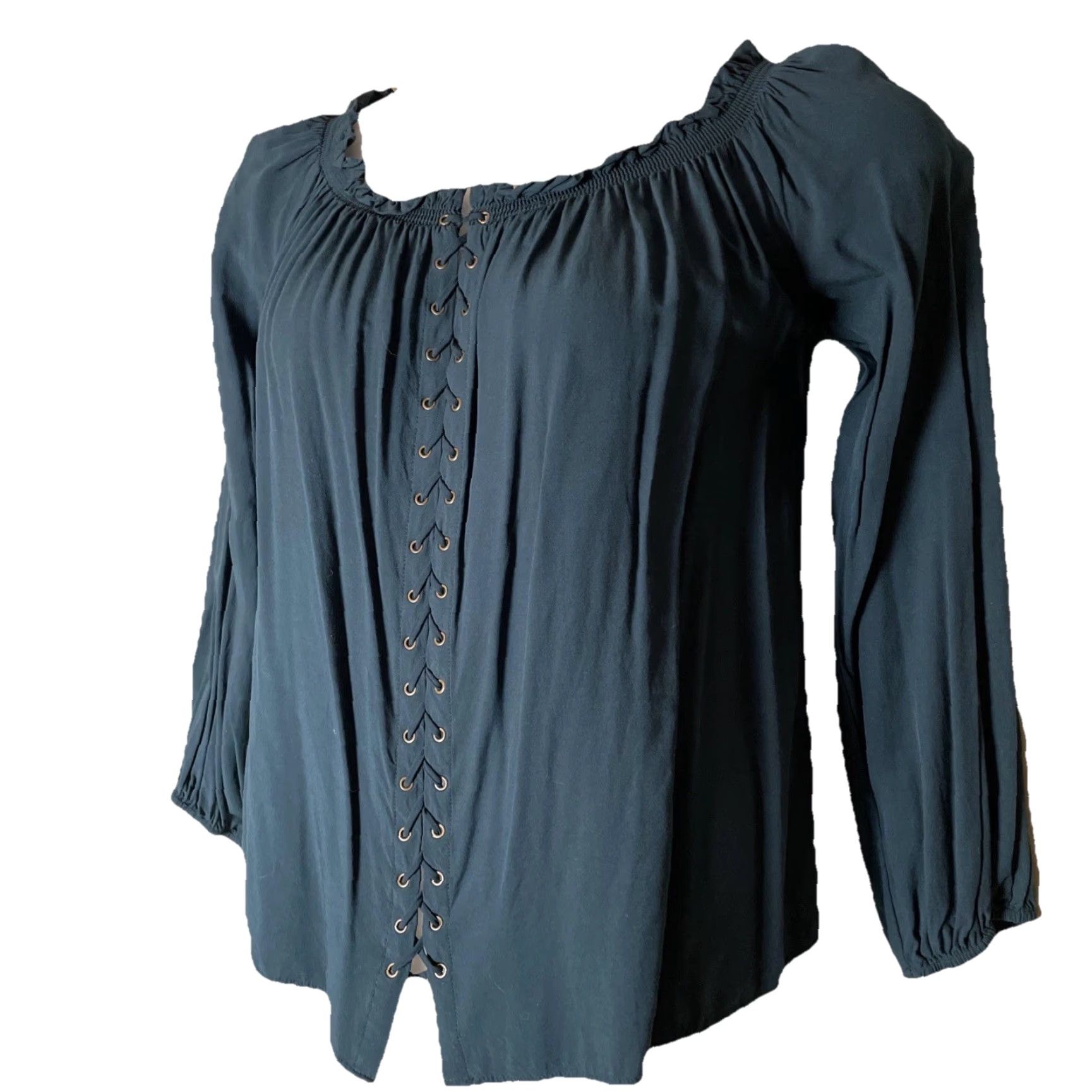 Vintage VINTAGE Rock & Republic Blouse Green Lace-Up Off the Shoulder 3/4 Sleeve Puff Knit Cotton Rayon M Womens Rock Gothic Bohemian 90s Designer City Size M / US 6-8 / IT 42-44 - 6 Thumbnail