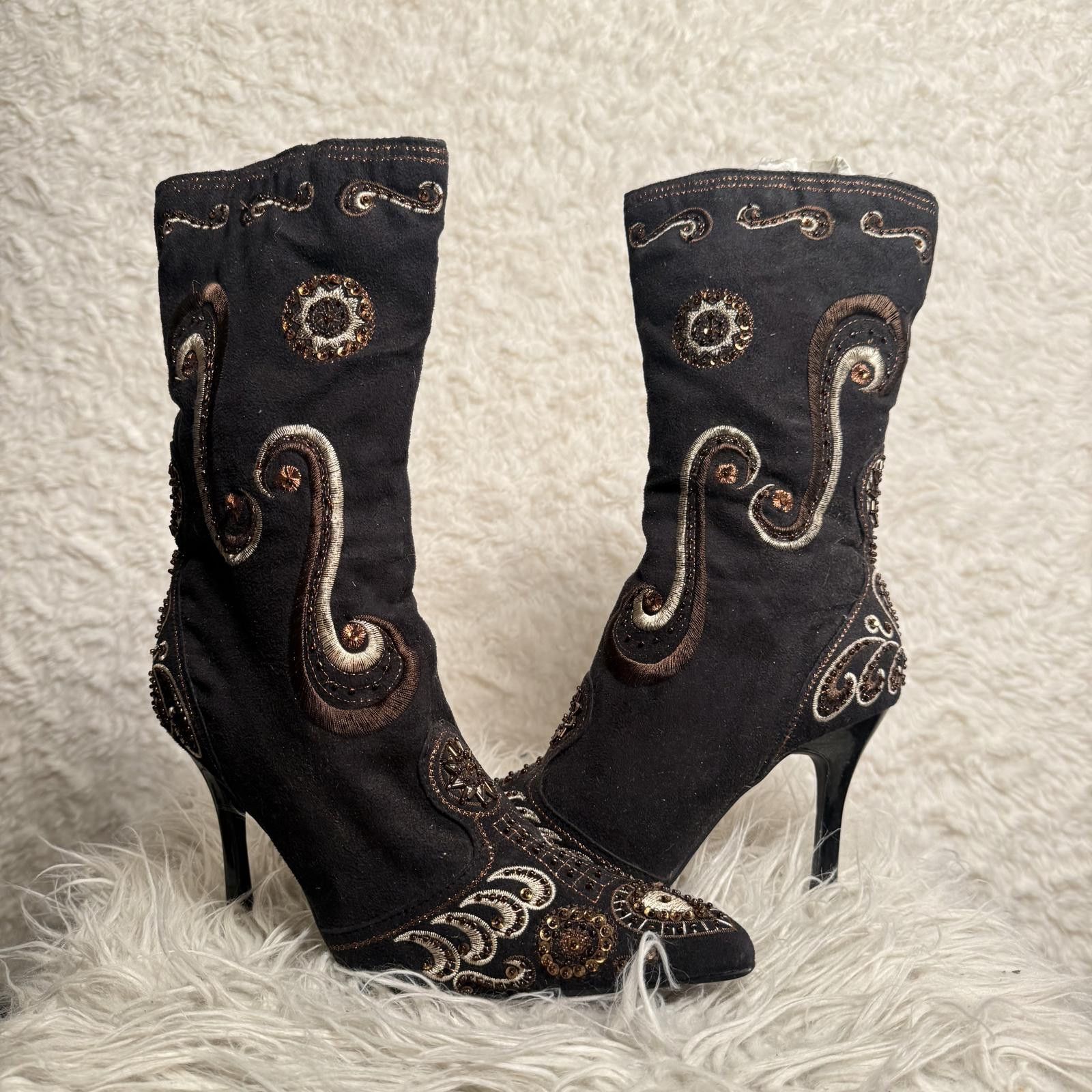 Other ANTONIO MELANI Milano Brown Mid Calf Beaded Heeled Boots 8.5 Size US 8.5 / IT 38.5 - 1 Thumbnail