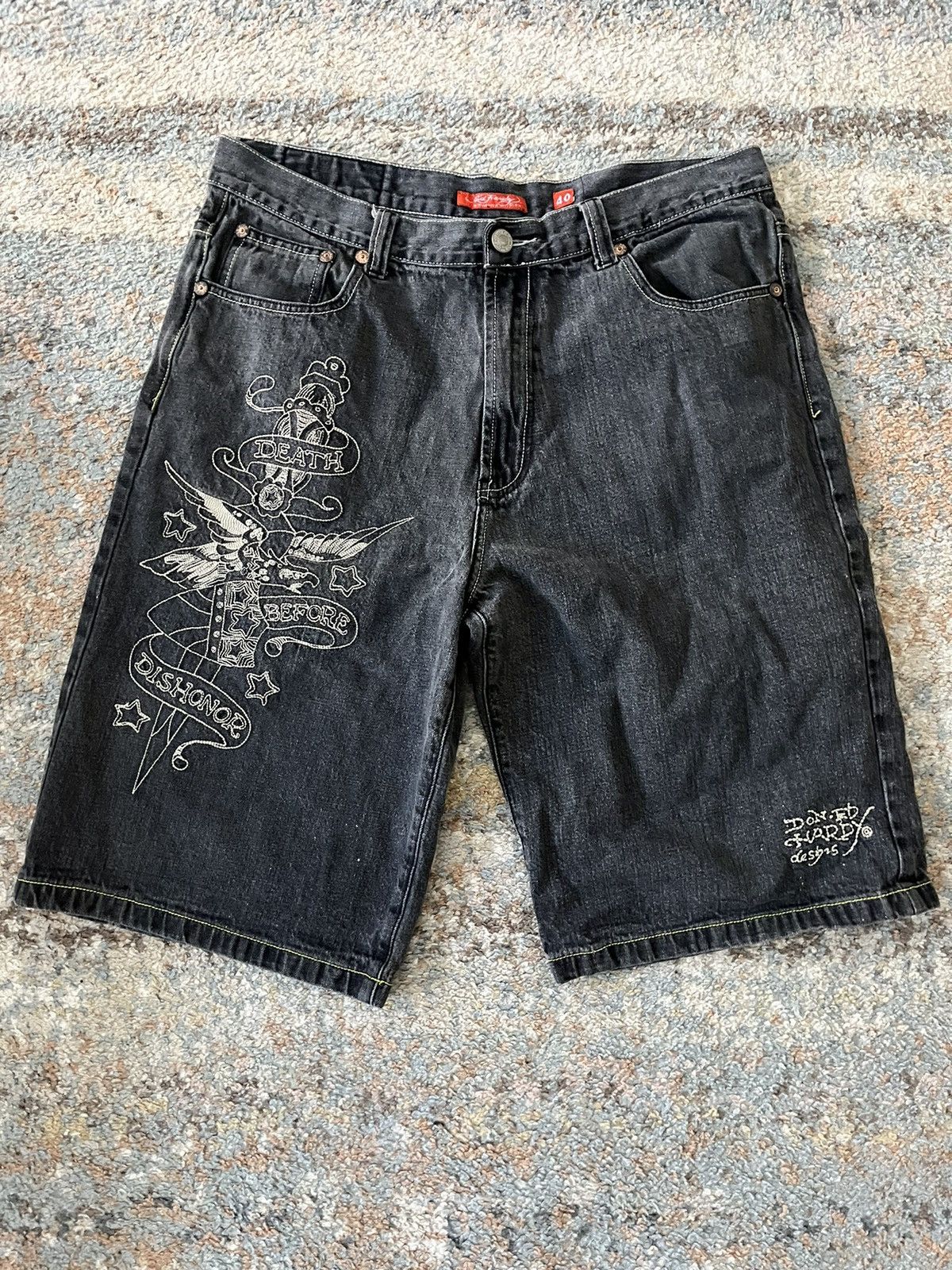 image of VTG Ed Hardy Denim Shorts Size 38 Grey Embroidered, Men's