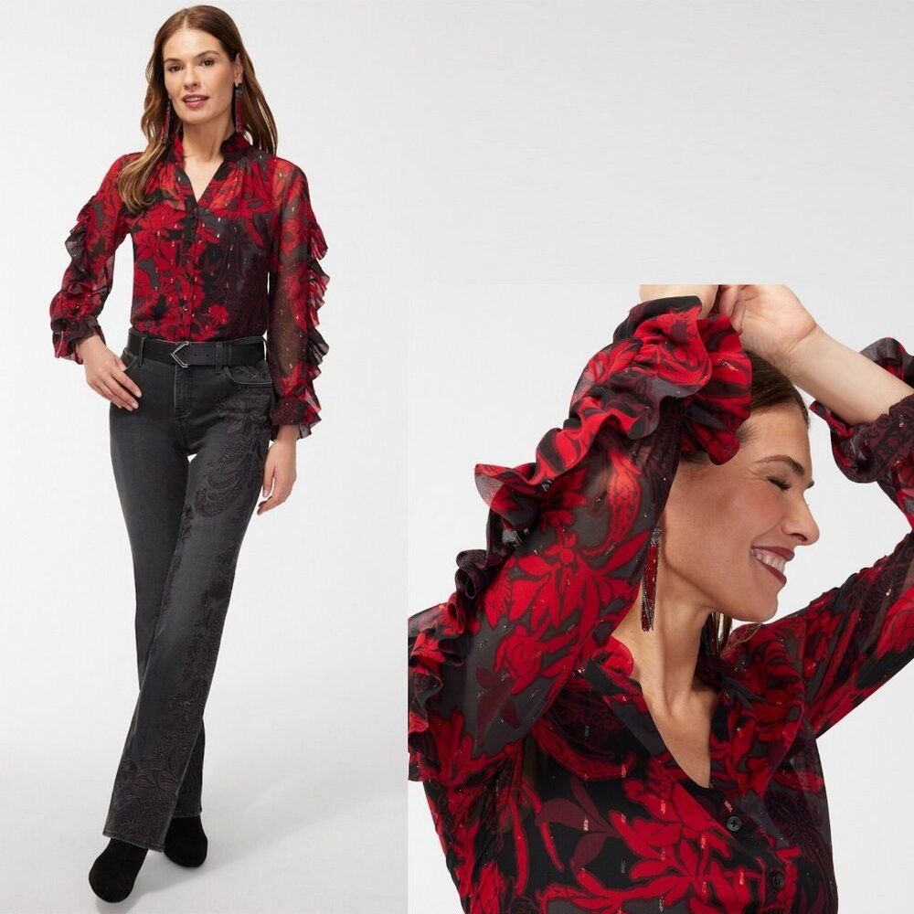 Chicos New Chico's Ruffle Detail Long Sleeve Chiffon Shirt Size 3 Size XL / US 12-14 / IT 48-50 - 2 Thumbnail