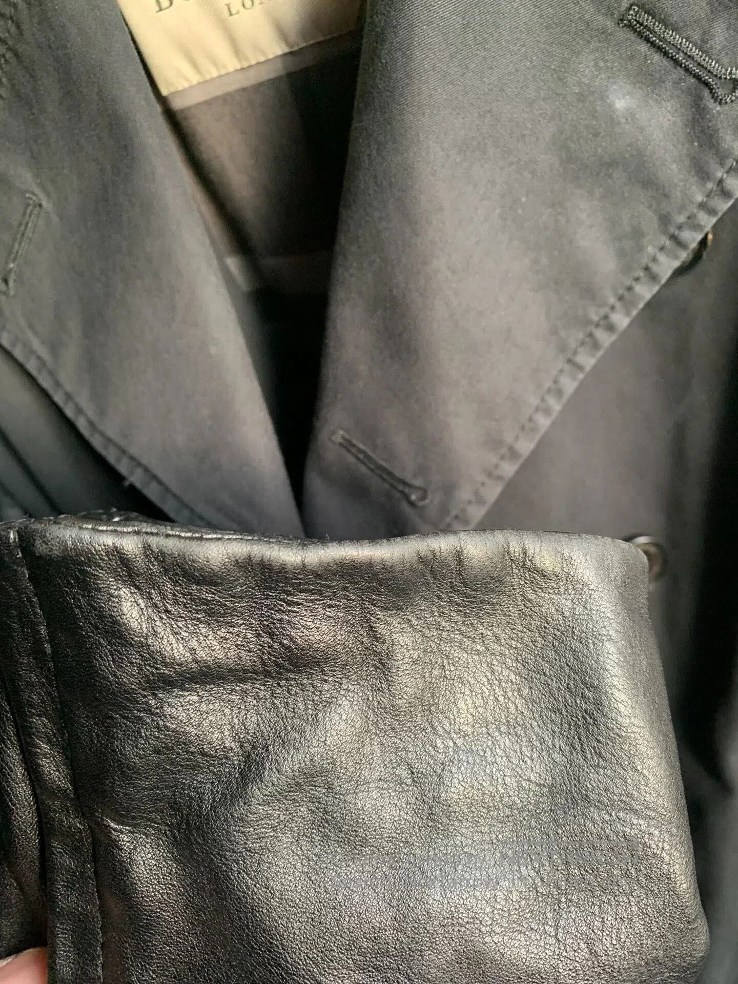 Burberry Black Leather Patch Trench Coat.