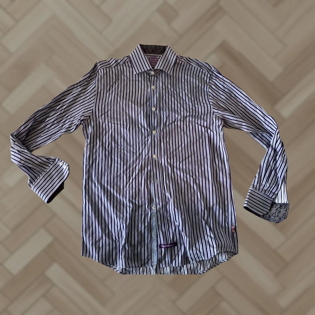 English Laundry English Laundry Striped Dress Shirt Men's 15 1/2 34/35 Blue Purple Shirt Mens 15 1/2 Regular Blue Striped Dress Shirt Size 40R - 1 Thumbnail
