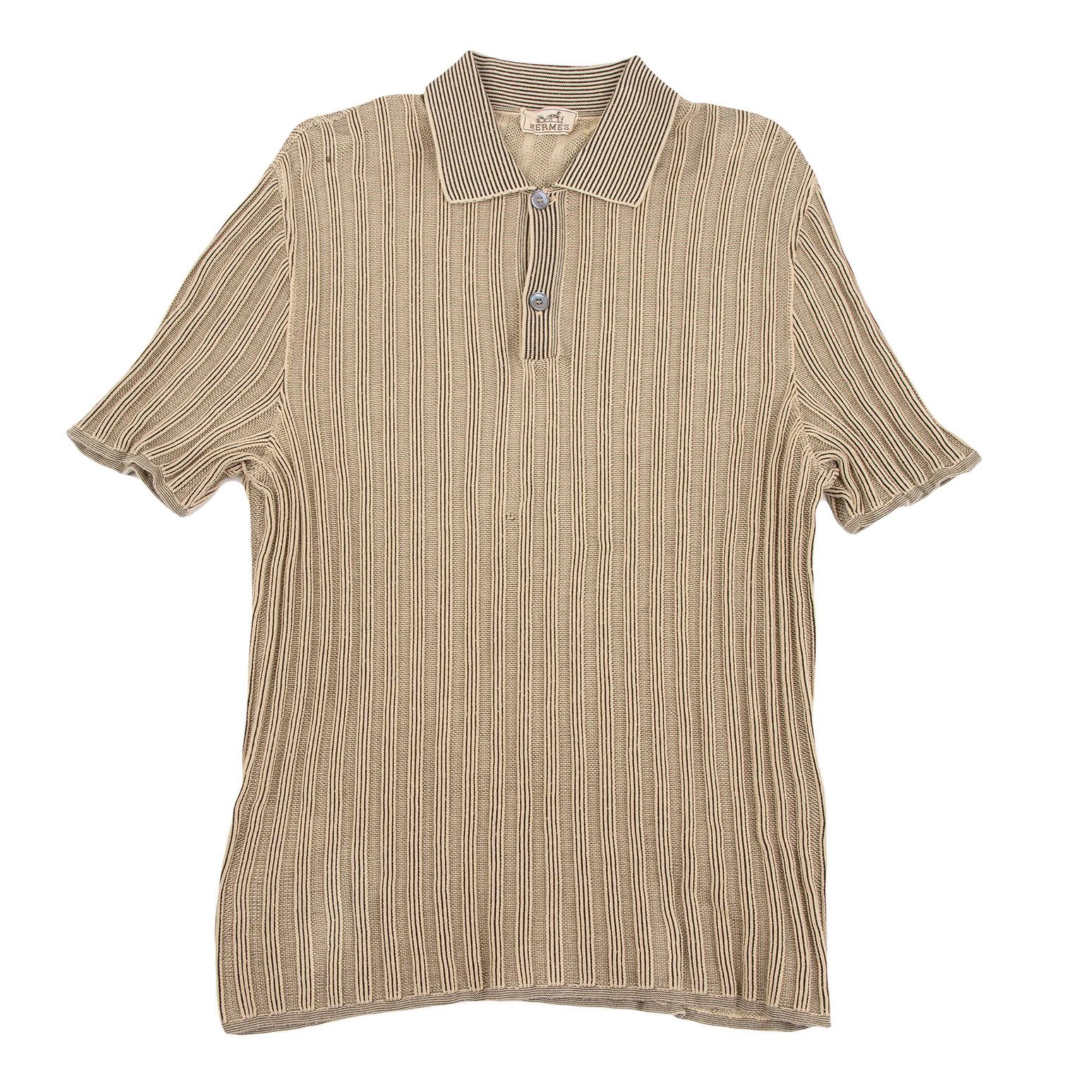 Hermes Cotton Stripe Knit Polo Shirt in Beige and Black Size US M / EU 48-50 / 2 - 1 Thumbnail