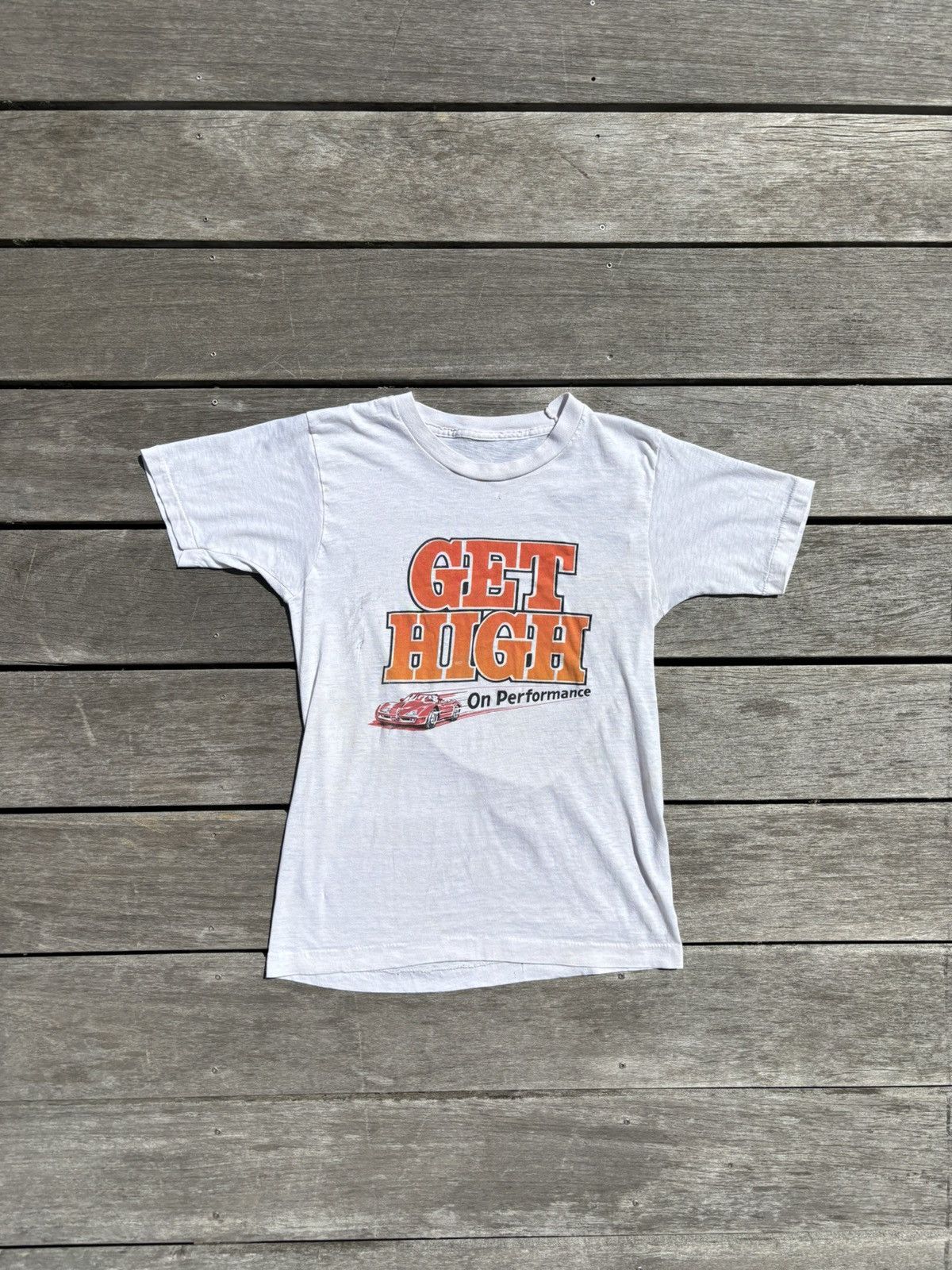 image of Vintage 1970S “Get High On Performance” Racing Tee in White, Men's (Size XS)