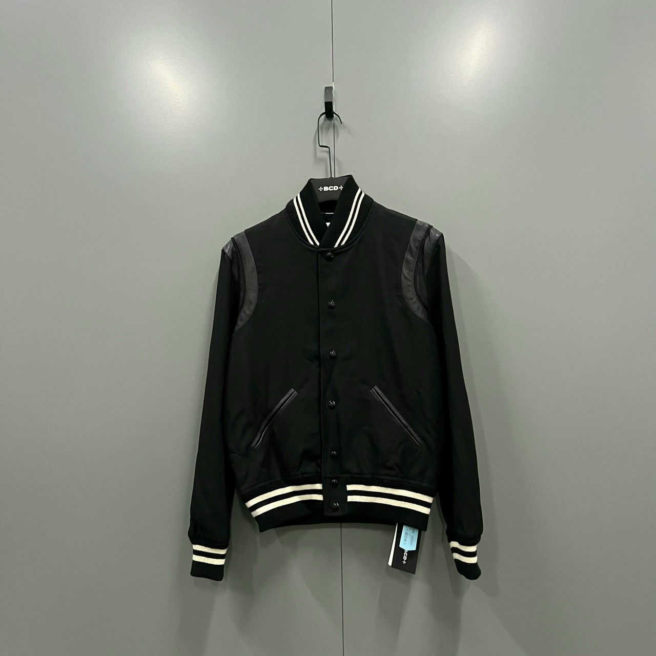 Saint Laurent Paris Saint Laurent Black Leather Patchwork Stripe Baseball Jacket Size US M / EU 48-50 / 2 - 1 Thumbnail