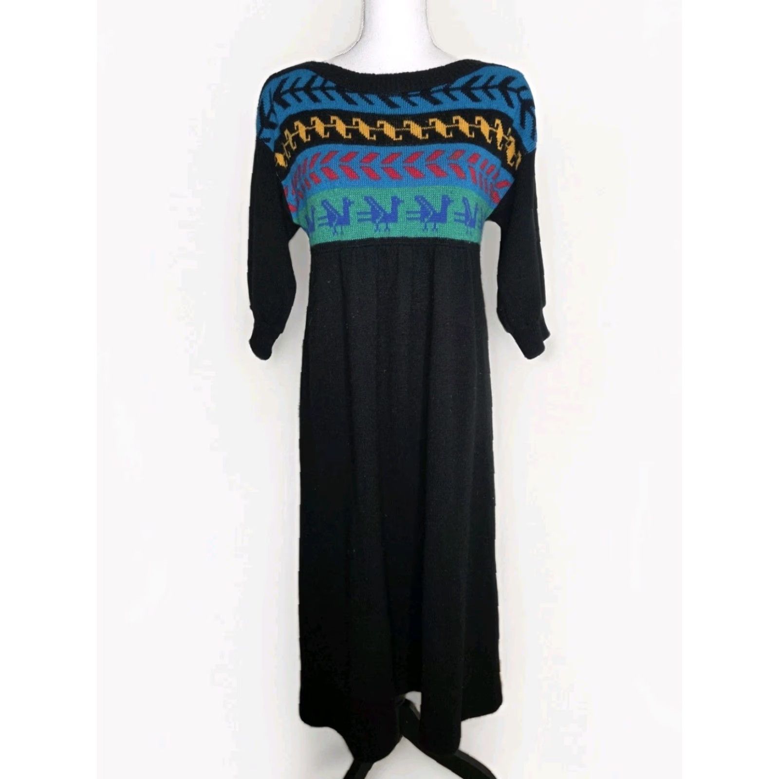 Vintage VINTAGE 90s Fair Isle Knit Sweater Dress Medium South Western Black Midi Aline Dress Womens Bohemian Peasant Hand Wash Only Size M / US 6-8 / IT 42-44 - 2 Thumbnail