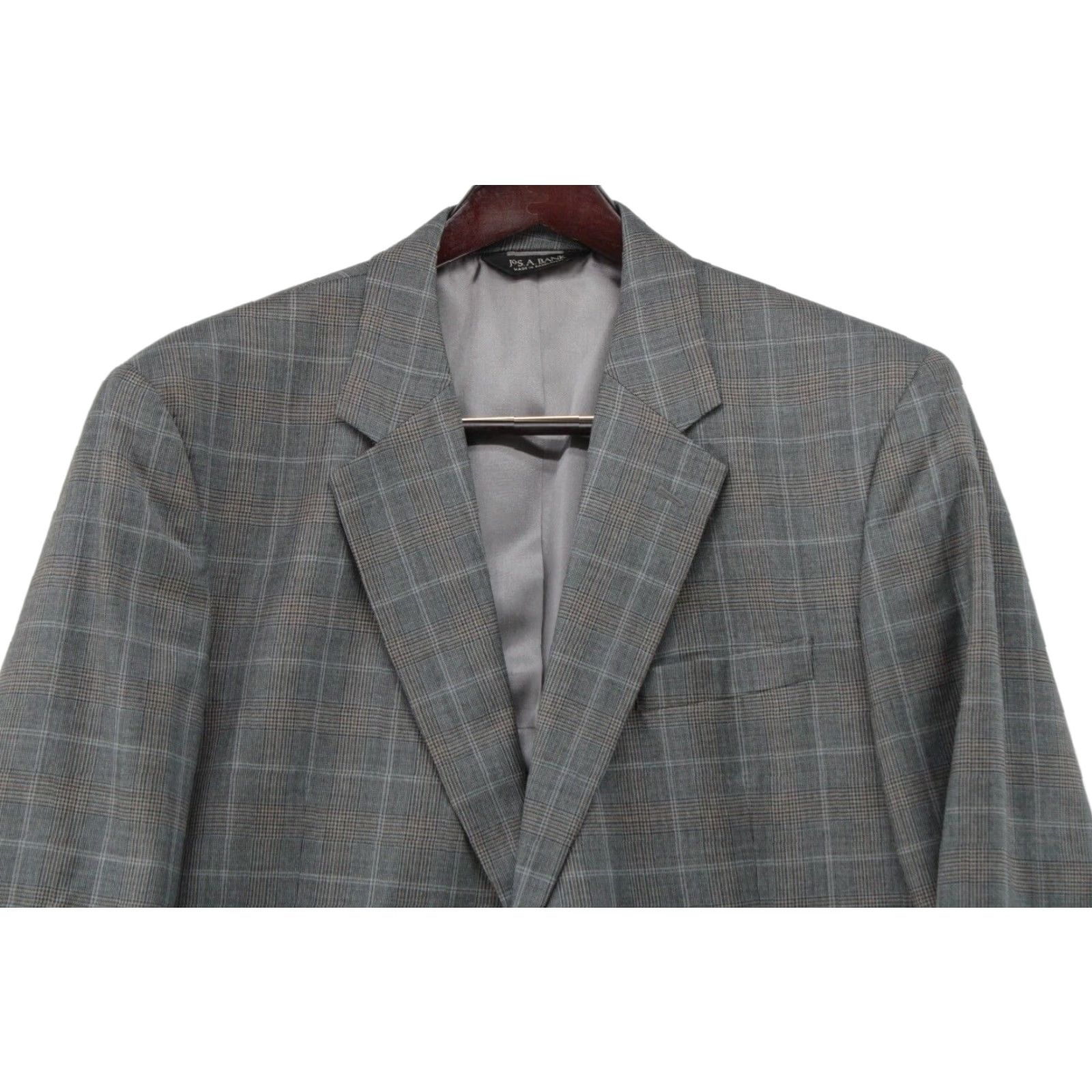 Jos A Bank Wool Suit Jacket 46L Gray Windowpane Plaid Houndstooth Regencycore 46 Wool Jacket Suit Jos. A. Bank Notch Lapel Notch Notch?