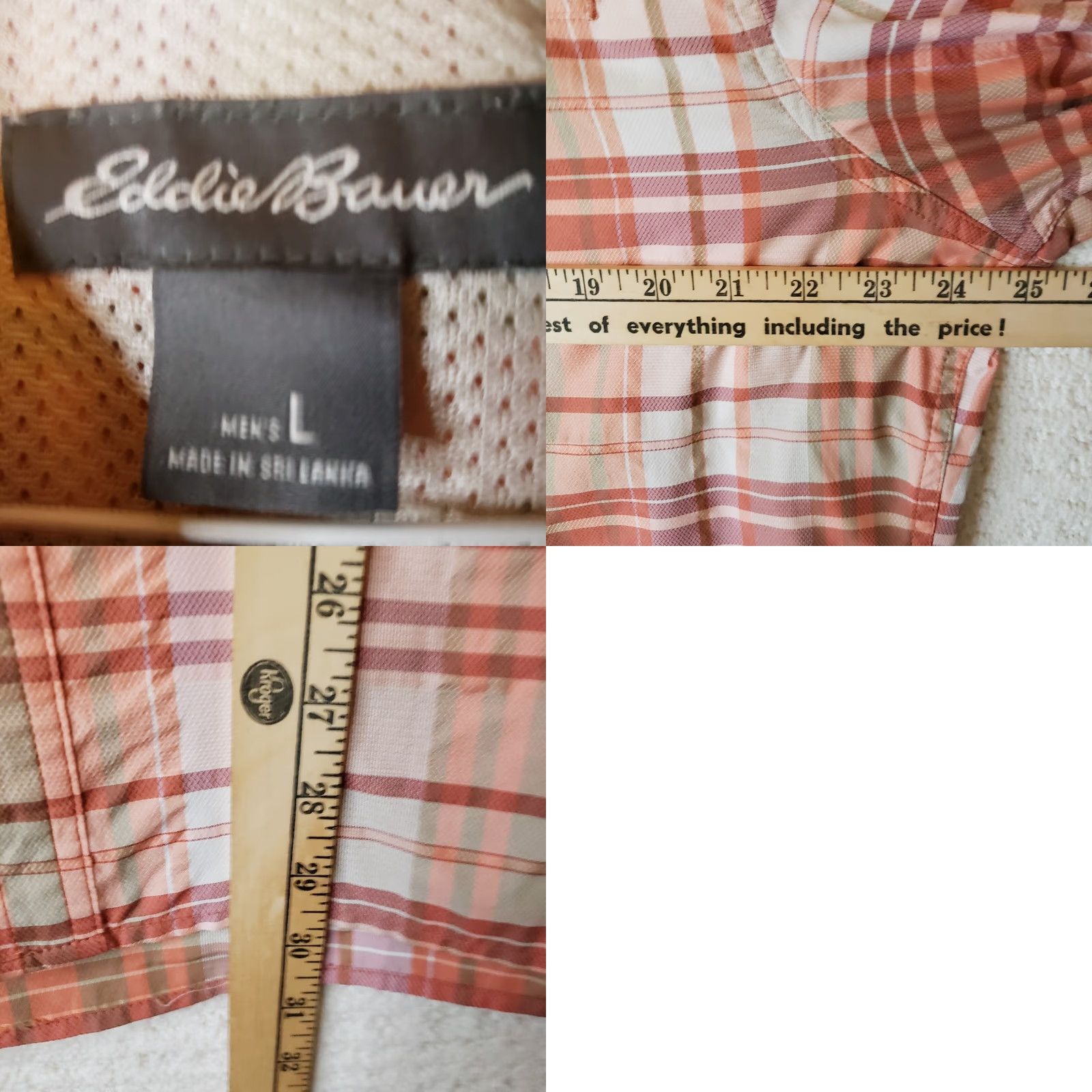Eddie Bauer EDDIE BAUER Casual Shirt Button-Up Short Sleeve Plaid Peach White Nylon Polyester Microfiber 50 in Chest L Regular Men’s New without Tags Size US L / EU 52-54 / 3 - 9 Thumbnail