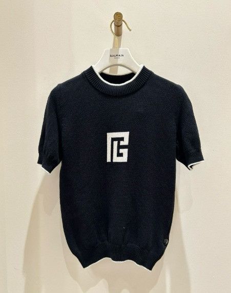 Balmain o1srvl11e1125 Short Sleeve Sweater in Blue/White Size L / US 10 / IT 46 - 1 Preview