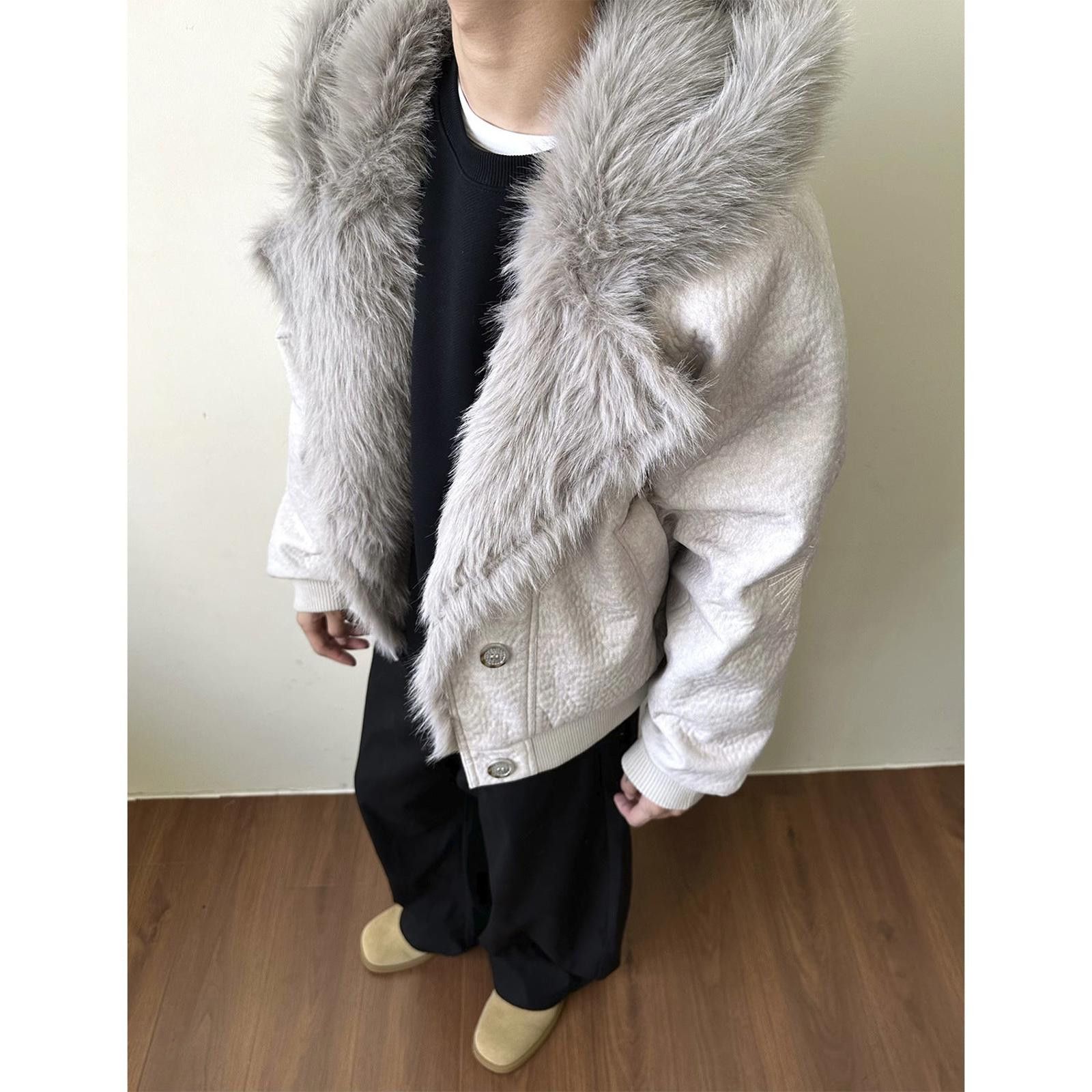 Japanese Brand Gray Faux Fur Collar Bomber Jacket, Men's Outerwear Size US M / EU 48-50 / 2 - 1 Thumbnail