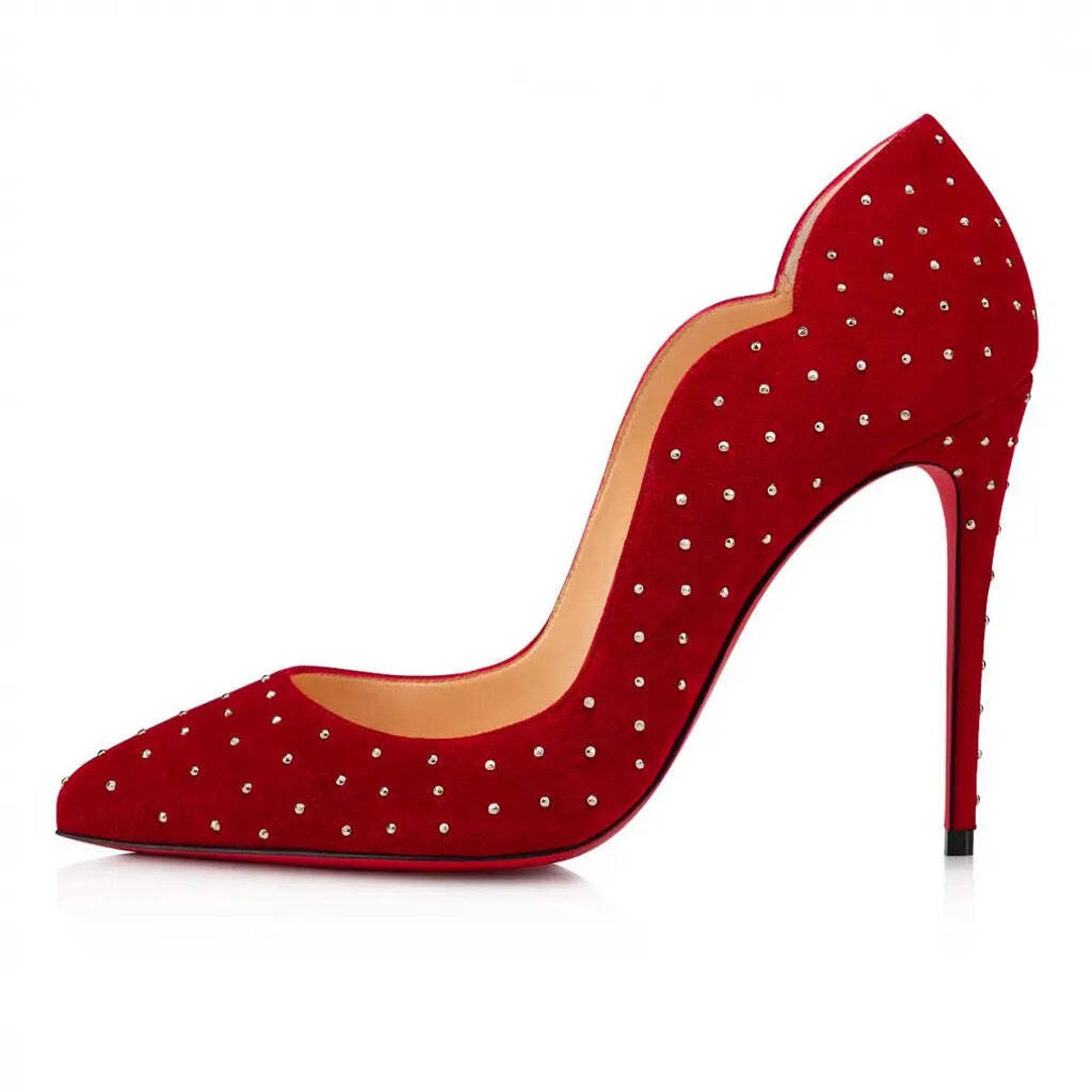 Christian Louboutin Hot Chick Plume 100 Red Carmen Stud Suede Heel Pump 40 Size US 10 / IT 40 - 3 Thumbnail