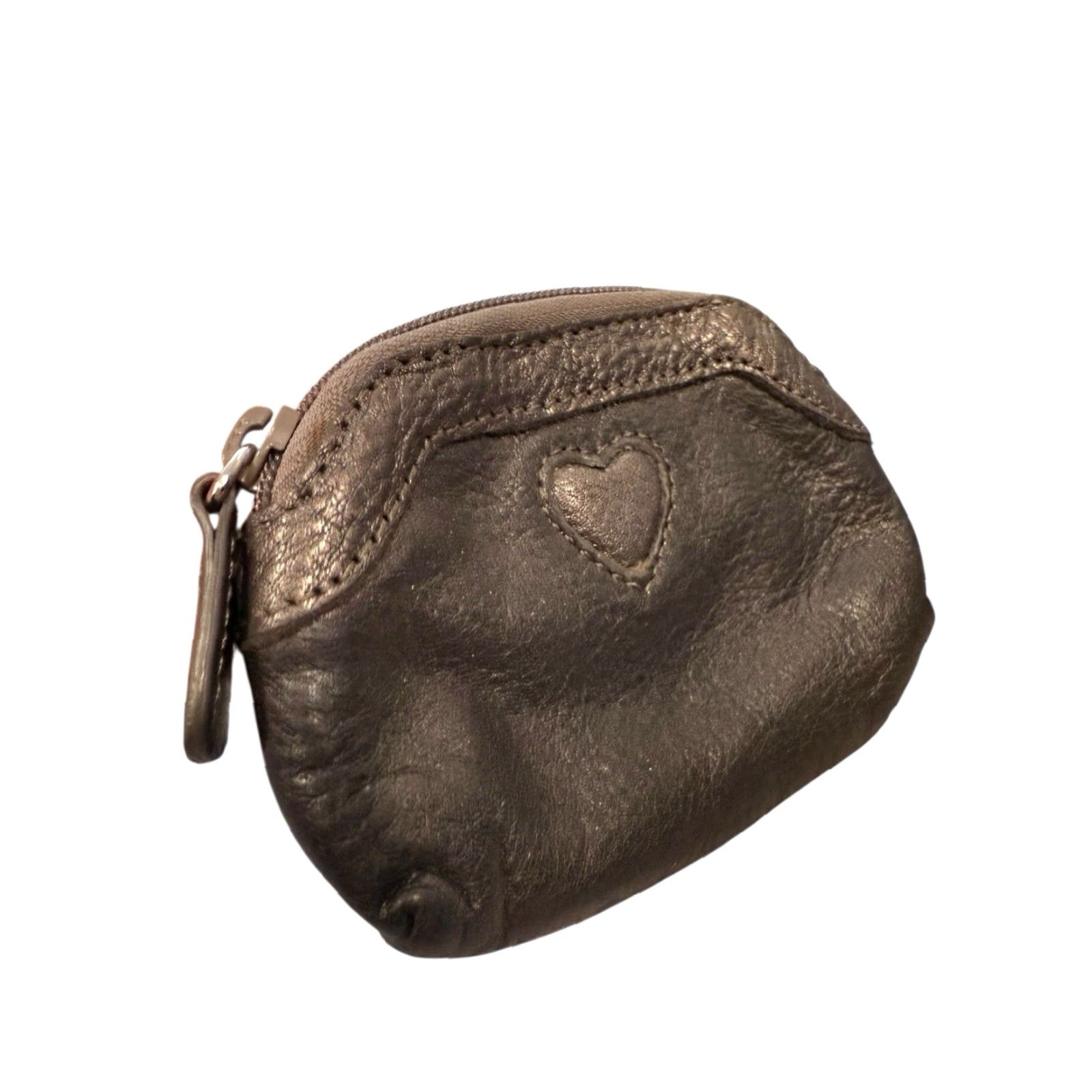 Brighton VINTAGE Brighton Metallic Gray Brown Pebbled Leather Coin Wallet Zip Pouch Women One Size Brown Heart Zipper Purse Size ONE SIZE - 2 Thumbnail