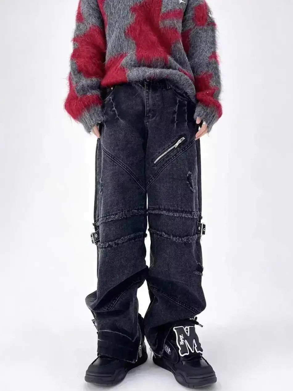 Japanese Brand Retro punk zipper loose patchwork jeans Size US 32 / EU 48 - 4 Thumbnail