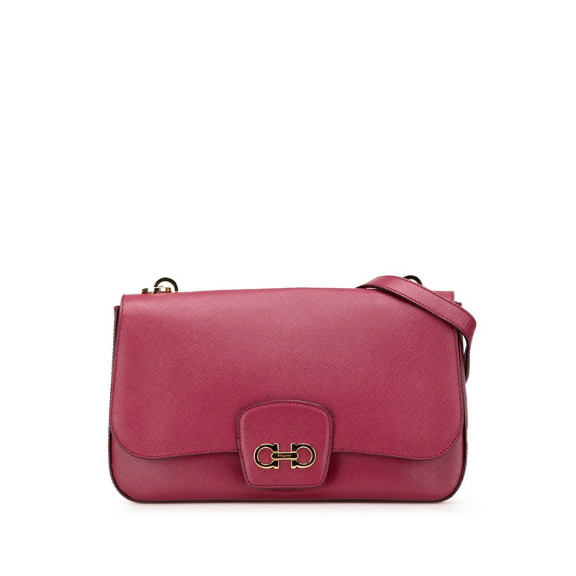 Salvatore Ferragamo Gancini Chain Shoulder Bag Pink Red Leather Women's