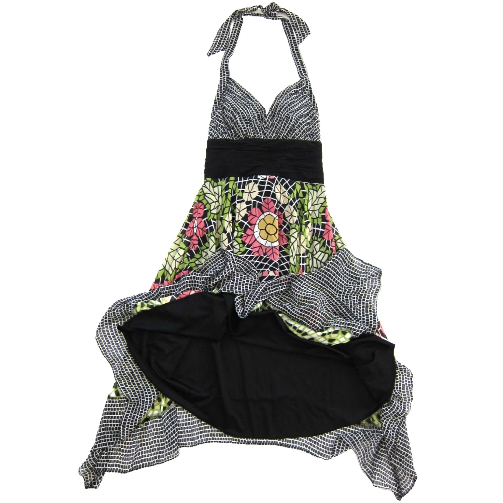 Pinko SANGRIA 100% Silk Black Green Pink Floral Checkered Halter Midi Tank Dress 10 Size L / US 10 / IT 46 - 6 Thumbnail