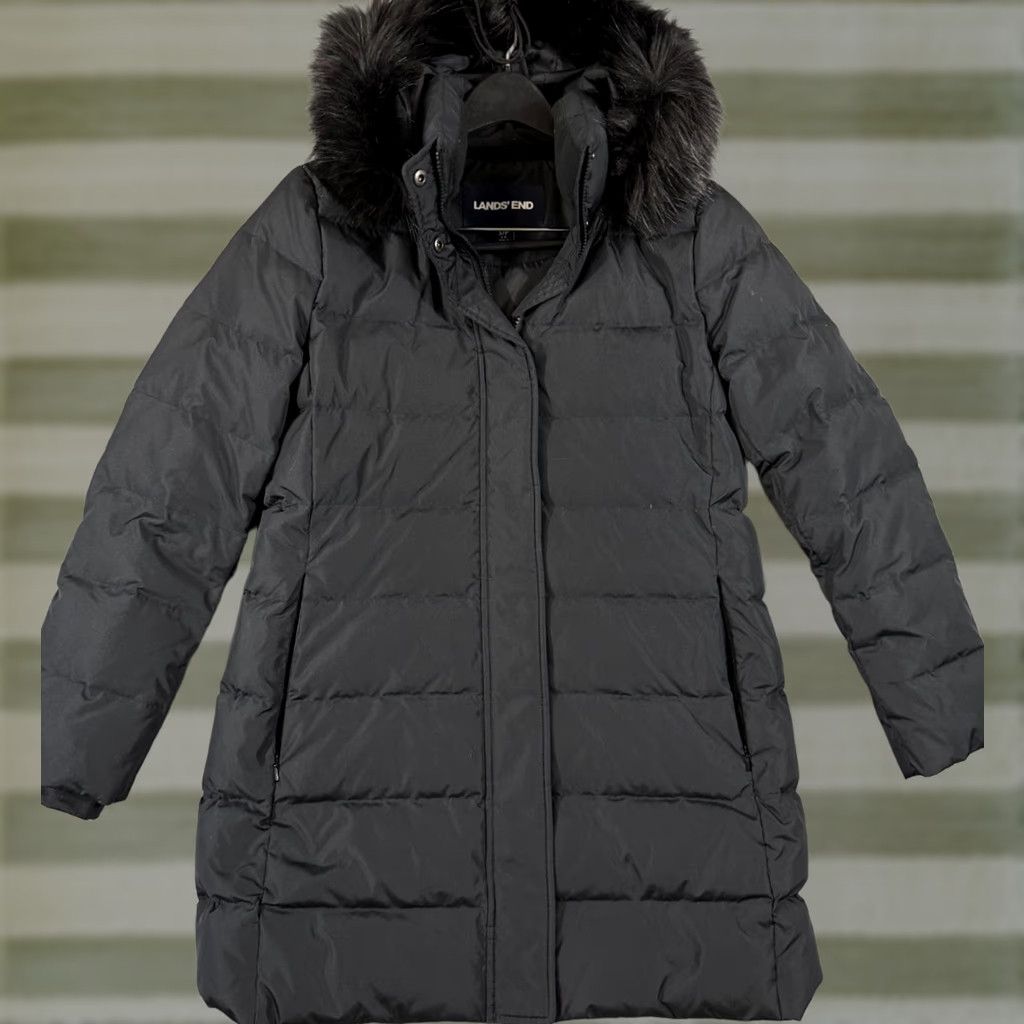 Lands' End Lands' End Down Parka Coat Womens S/6-8 Black Faux Fur Hood Insulated Puffer Long Sleeve Size S / US 4 / IT 40 - 1 Thumbnail