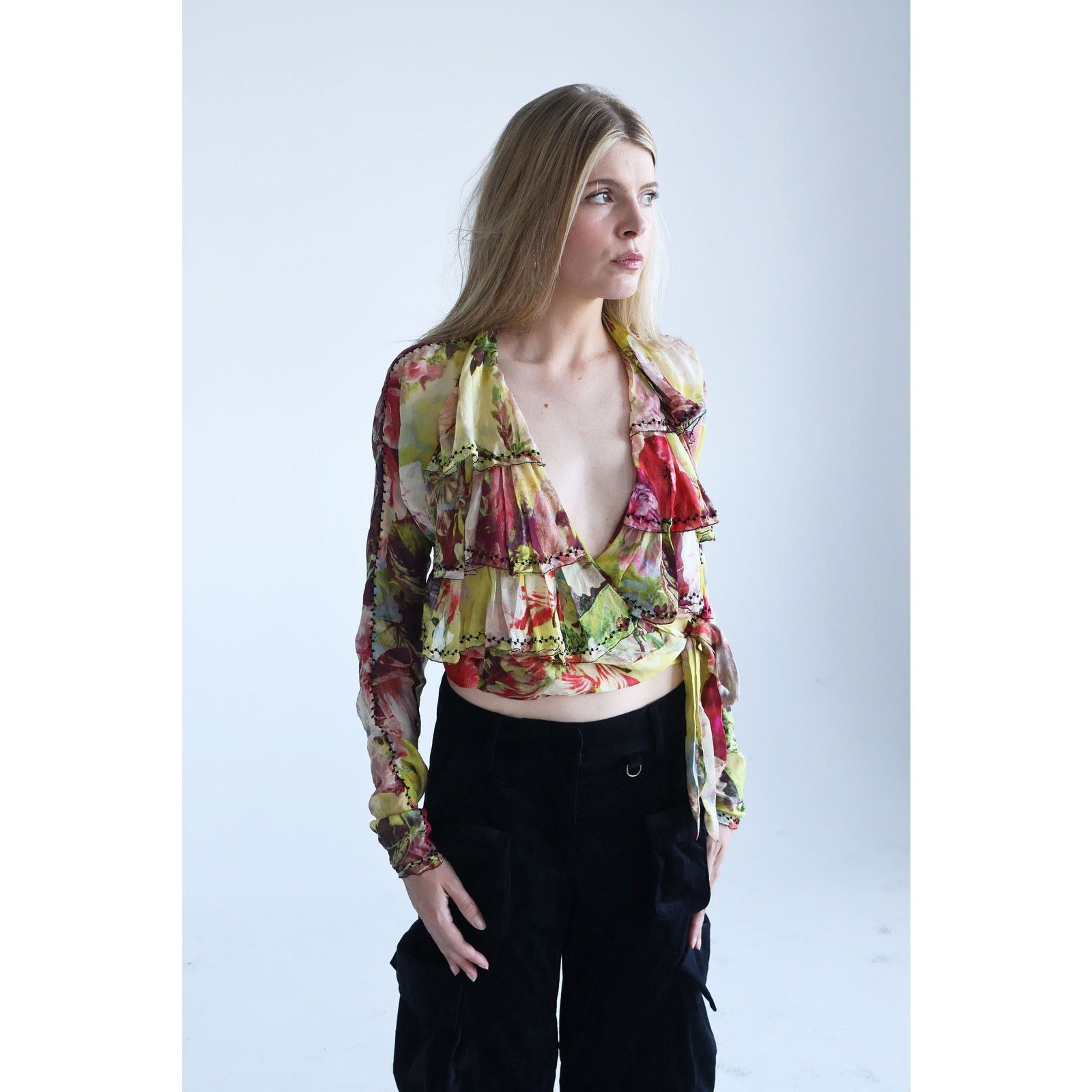 Jean Paul Gaultier Vintage Jean Paul Gaultier Floral Print Silk Ruffle Wrap Top Size M / US 6-8 / IT 42-44 - 3 Thumbnail