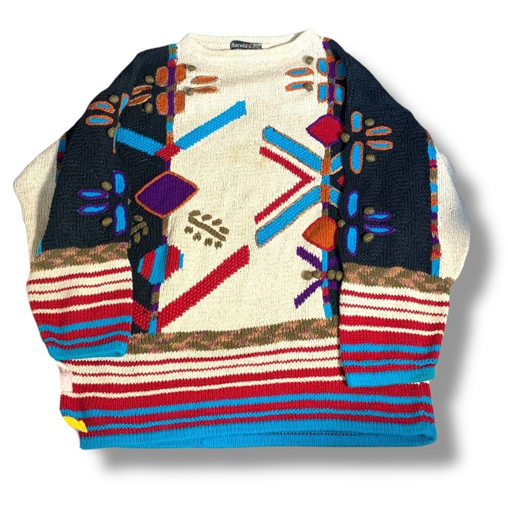 Vintage Vintage 90s Abstract Knit Sweater Oatmeal Bold Graphic Overs Size US S / EU 44-46 / 1 - 1 Thumbnail