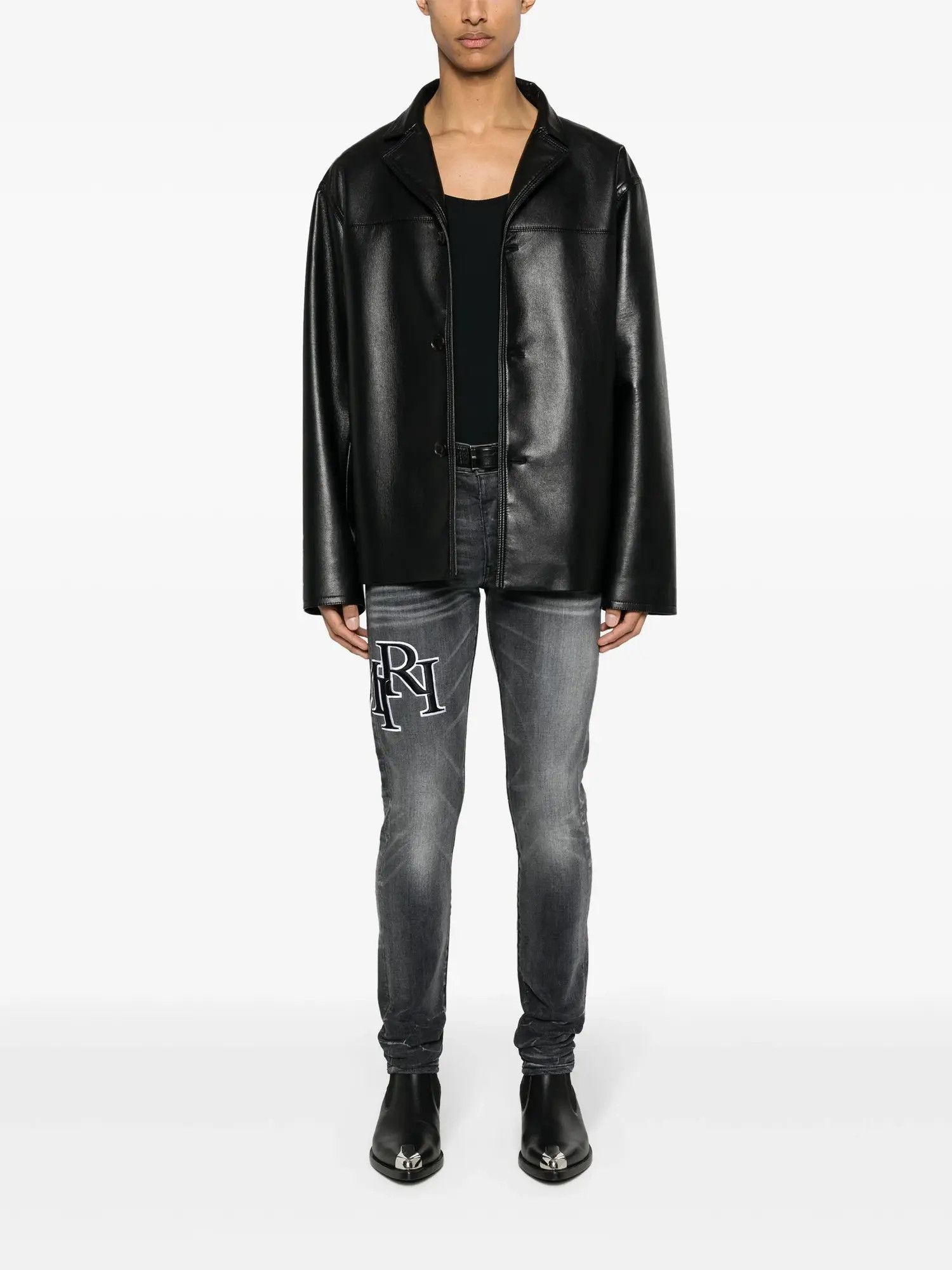 Amiri oc11z0225 Staggered Embroidered Logo Jeans in Storm Grey Size US 31 - 5 Thumbnail