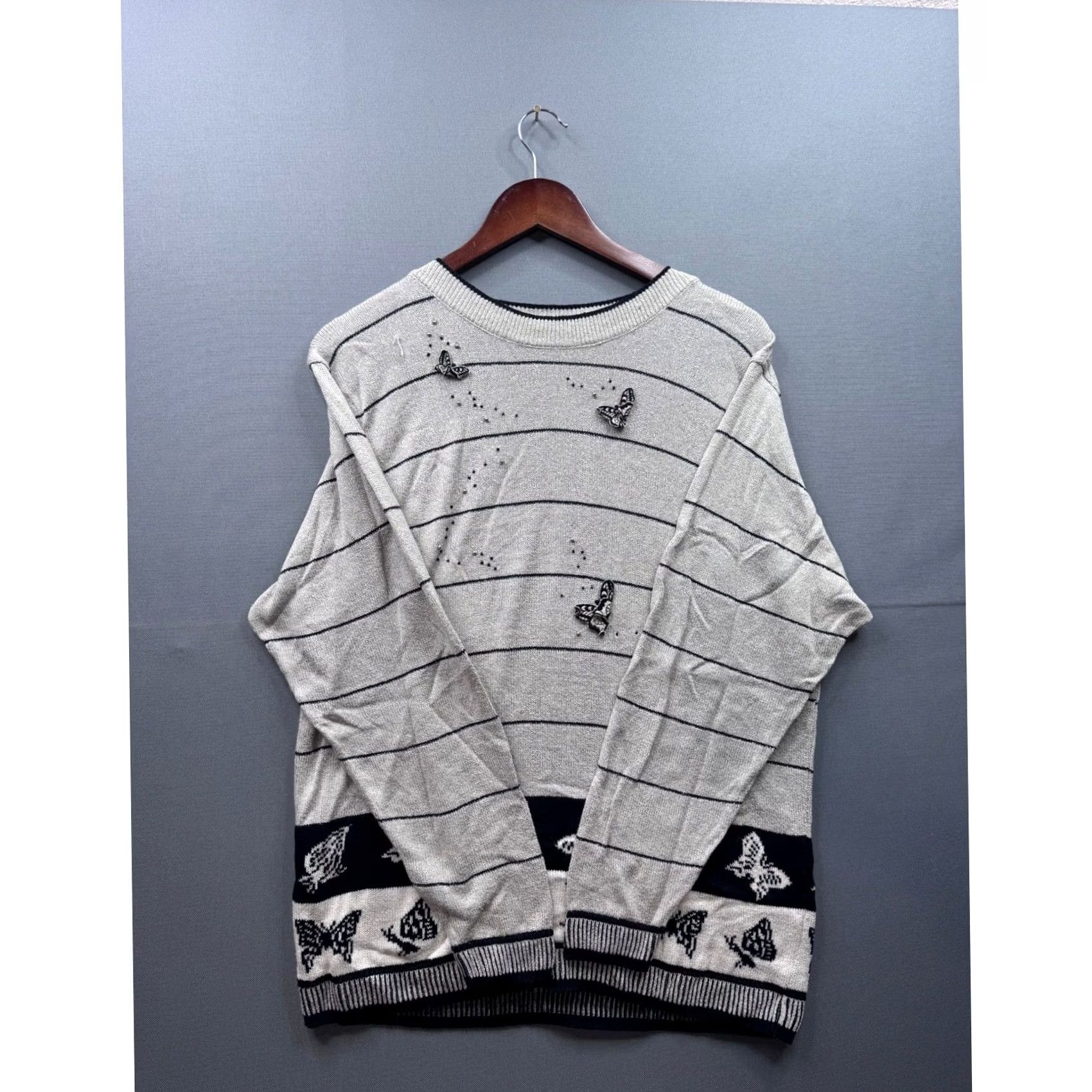 Alife VINTAGE Hauber Sporting Life Women's Gray Striped Butterfly Sweater Top Size L / US 10 / IT 46 - 2 Thumbnail